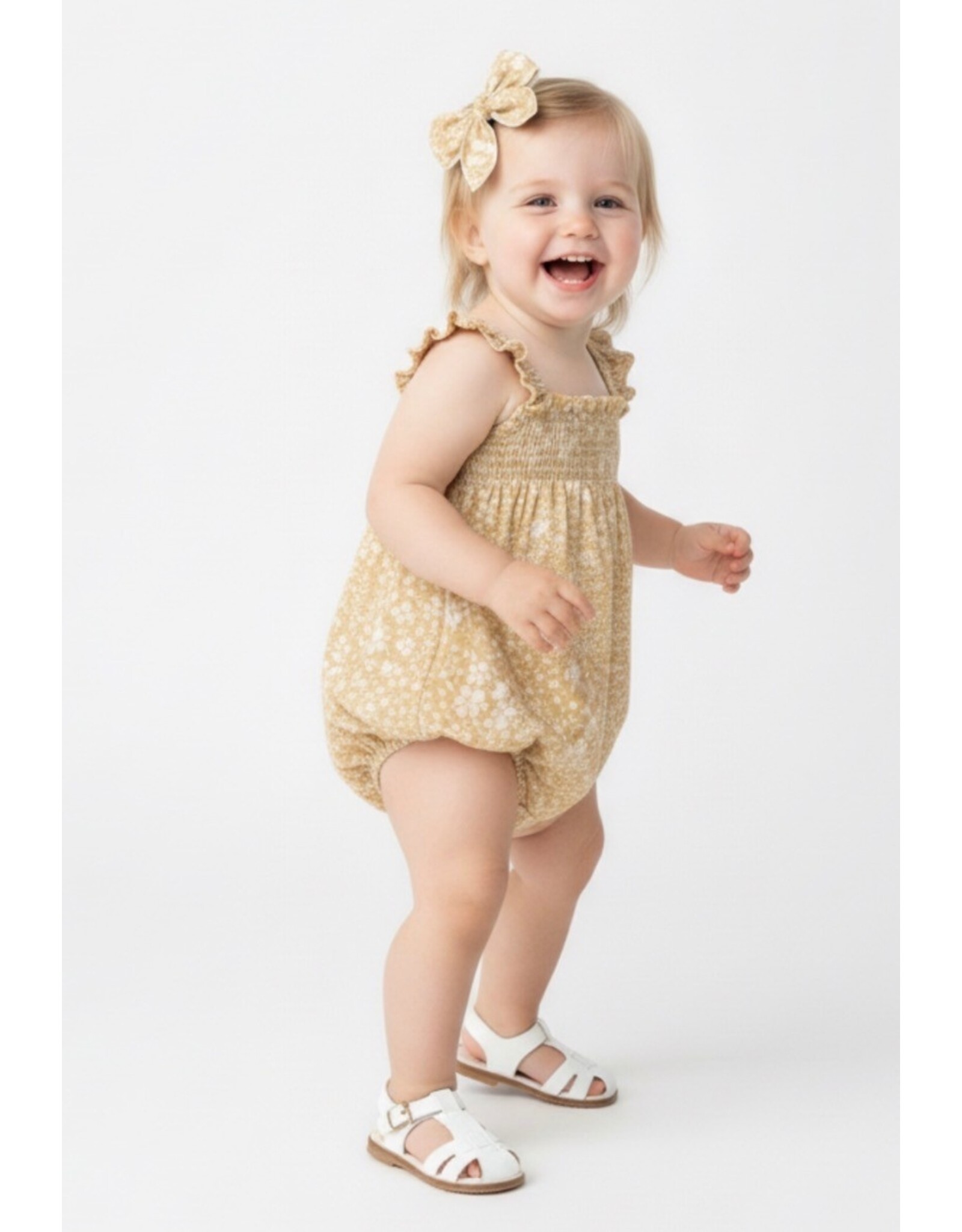 MAKEMAKE Organics MM Organics- Yellow Blossom Ruffle Sleeve Bubble Romper