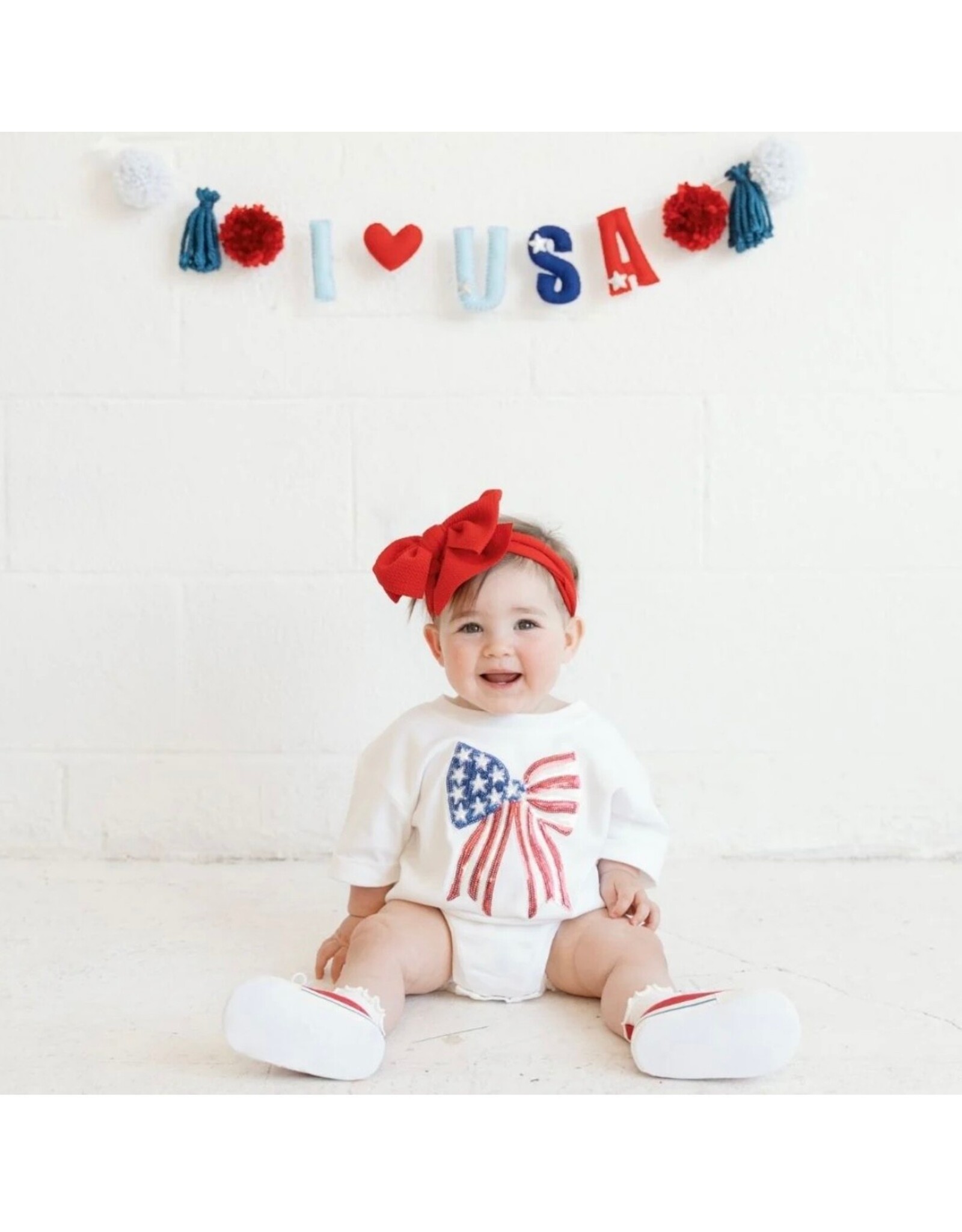 Sweet Wink- Patriotic Sequin Bow Patch S/S Romper