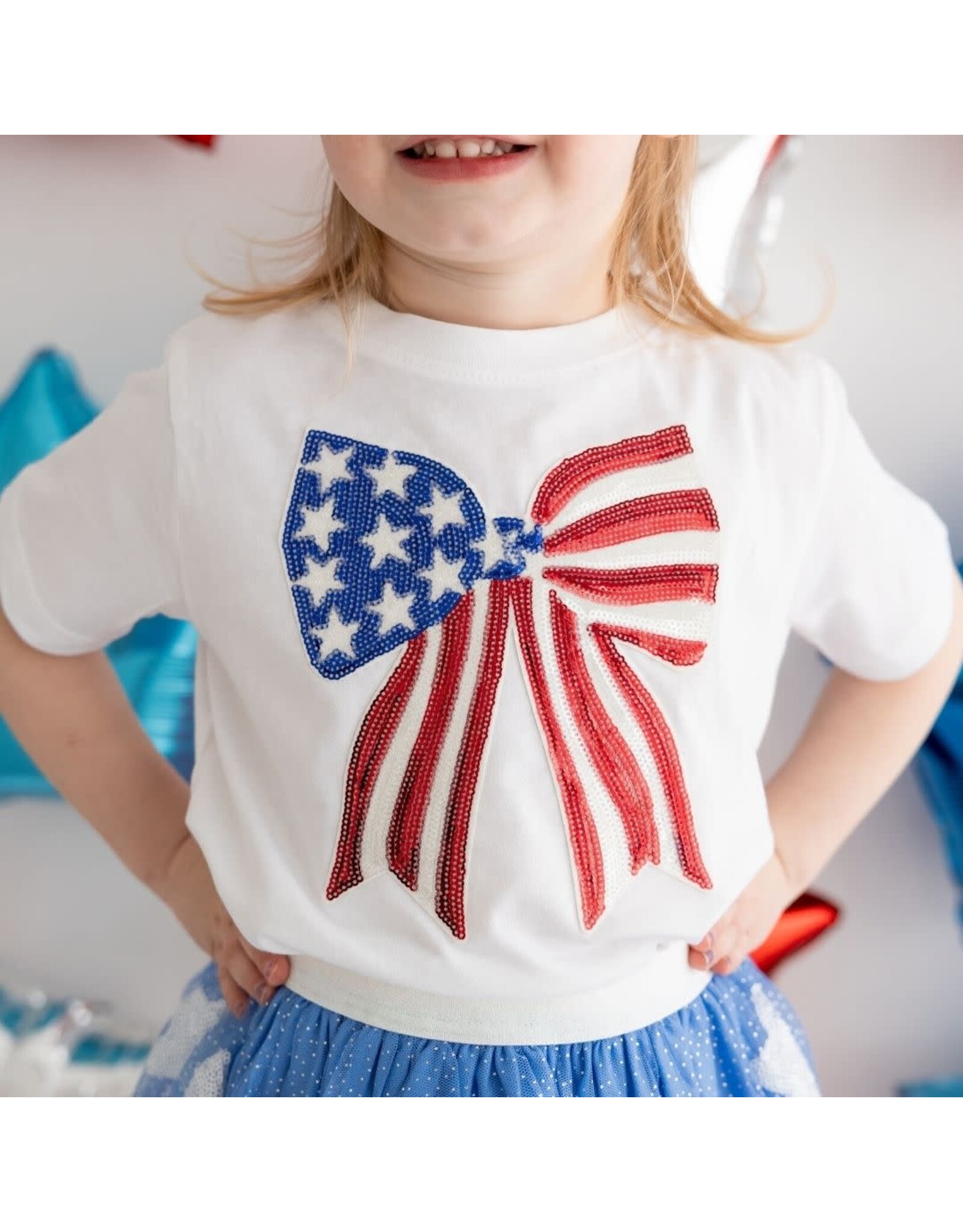 Sweet Wink- Patriotic Sequin Bow Patch S/S Shirt White