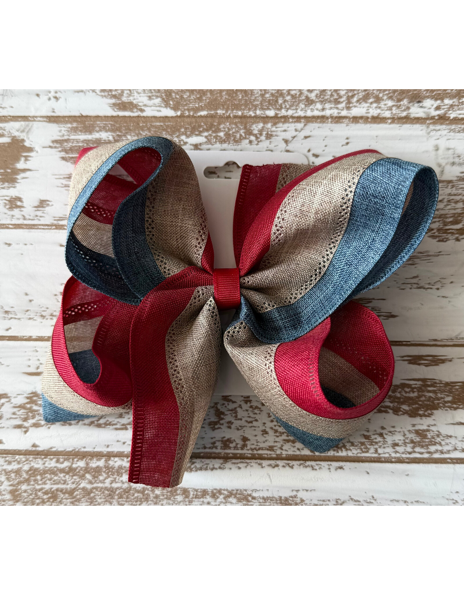JP- Khaki, Denim & Red Stripe Large Bow