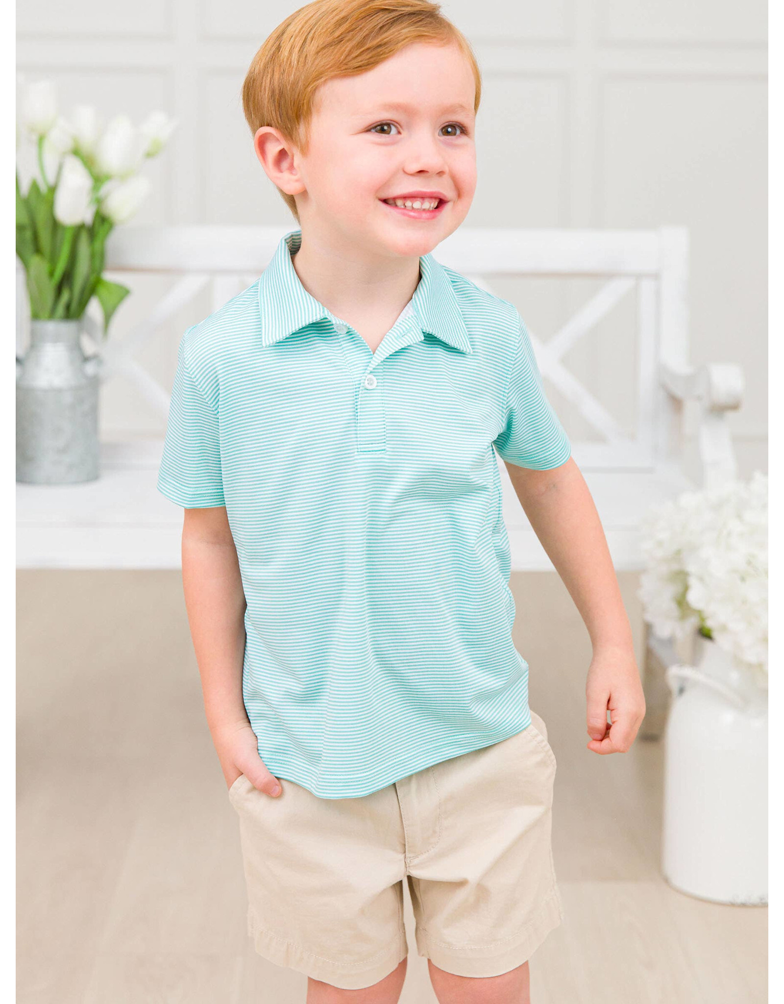 Ruffle Butts Ruffle Butts- Marine Green Micro Stripe Knit Performance Polo