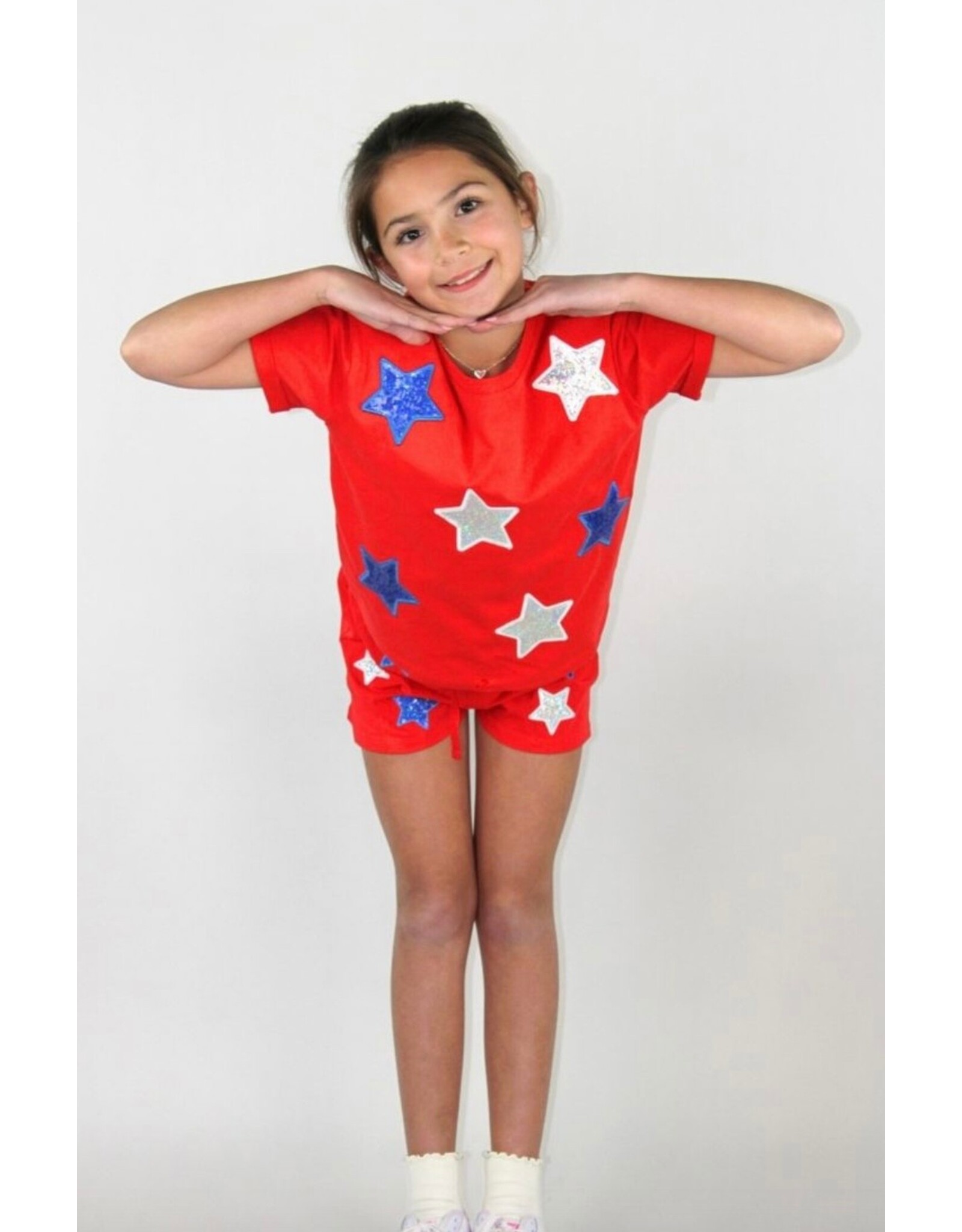 Paper Flowers- White & Blue Sequin Red Shirt