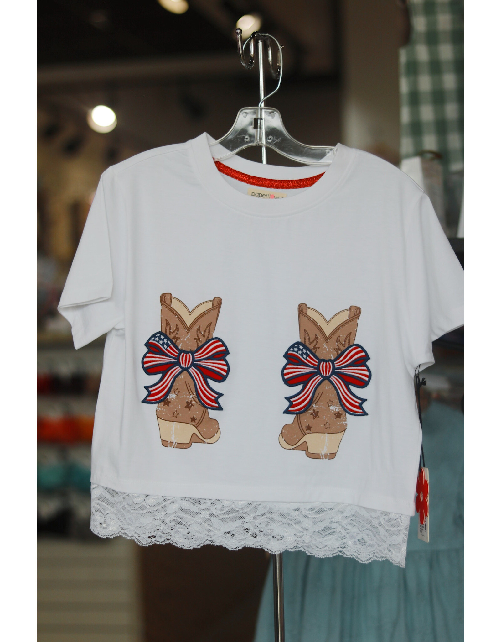 Paper Flower- Americana Bow Patch Lace Hem Graphic Tee