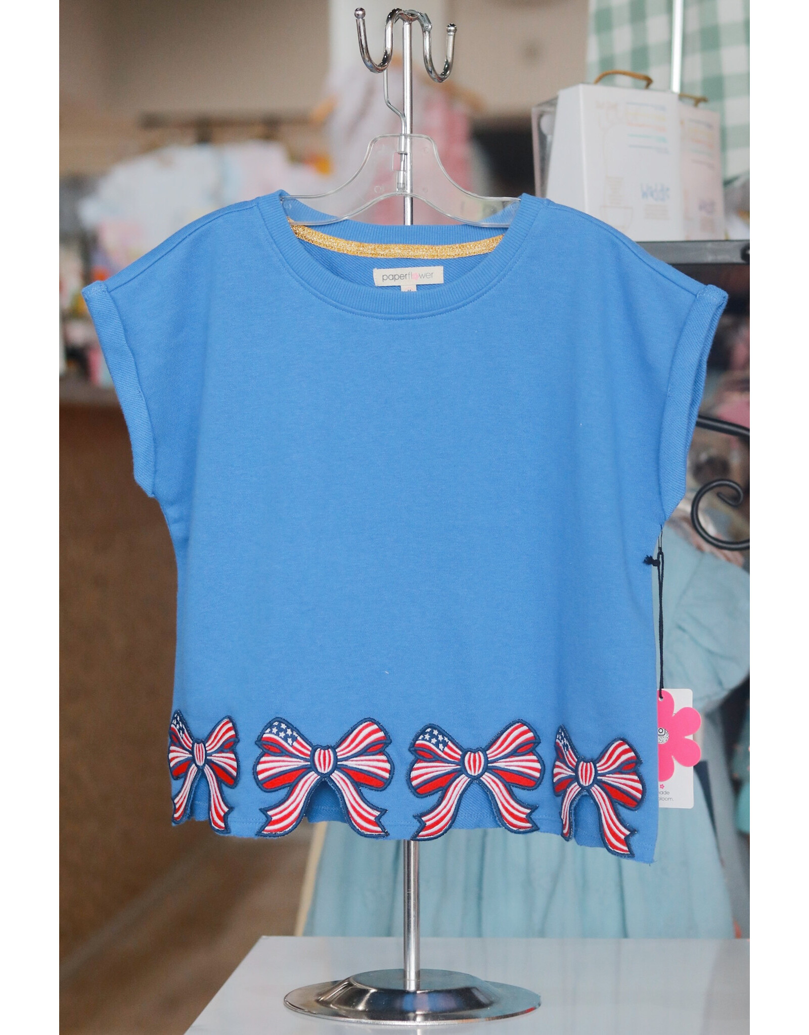 Paper Flower- Dazzling Blue Bow Patch Hem Dolman Top