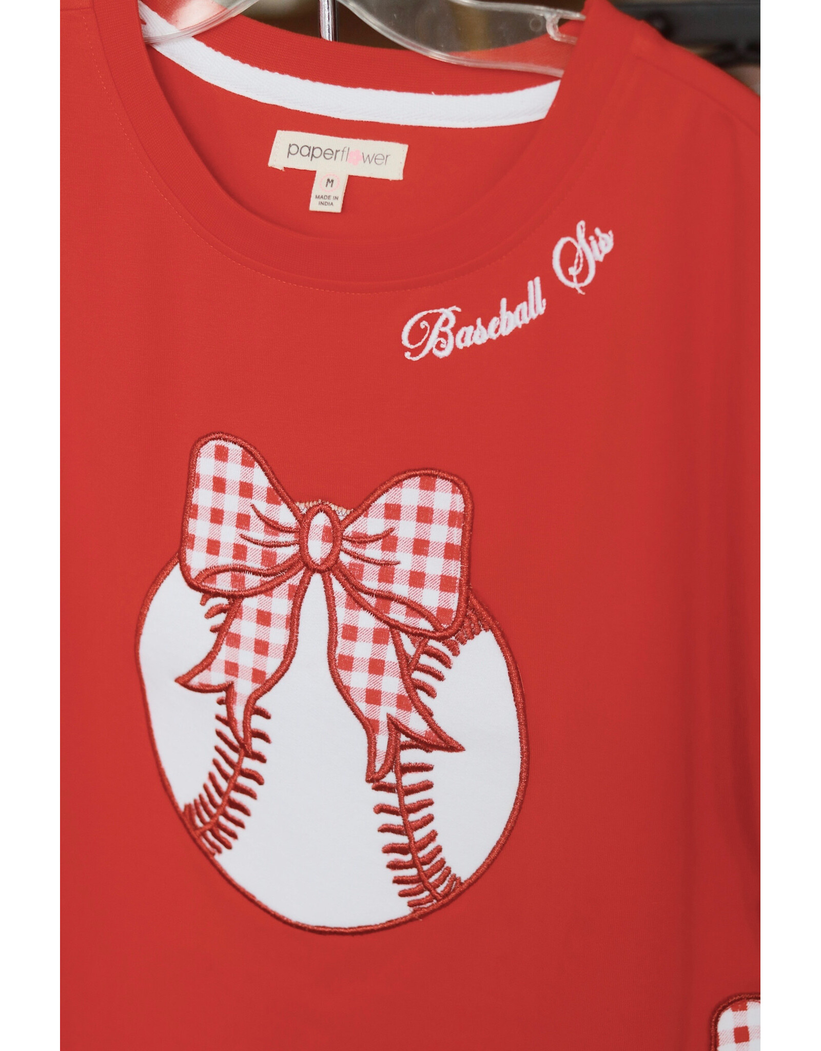 Paper Flowers- Bow Baseball Sis Dolman Red Top