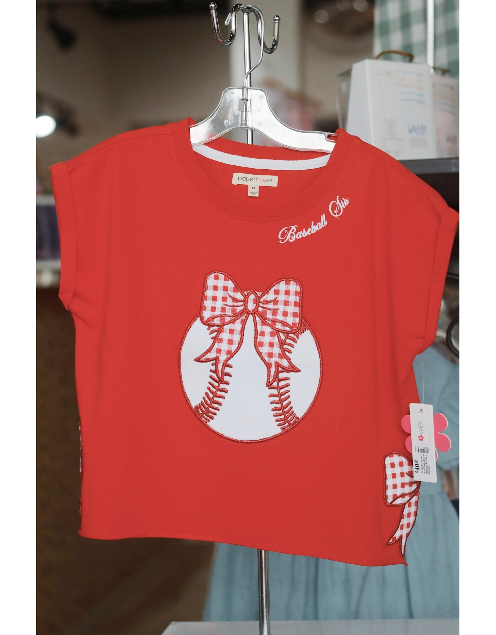 Paper Flowers- Bow Baseball Sis Dolman Red Top