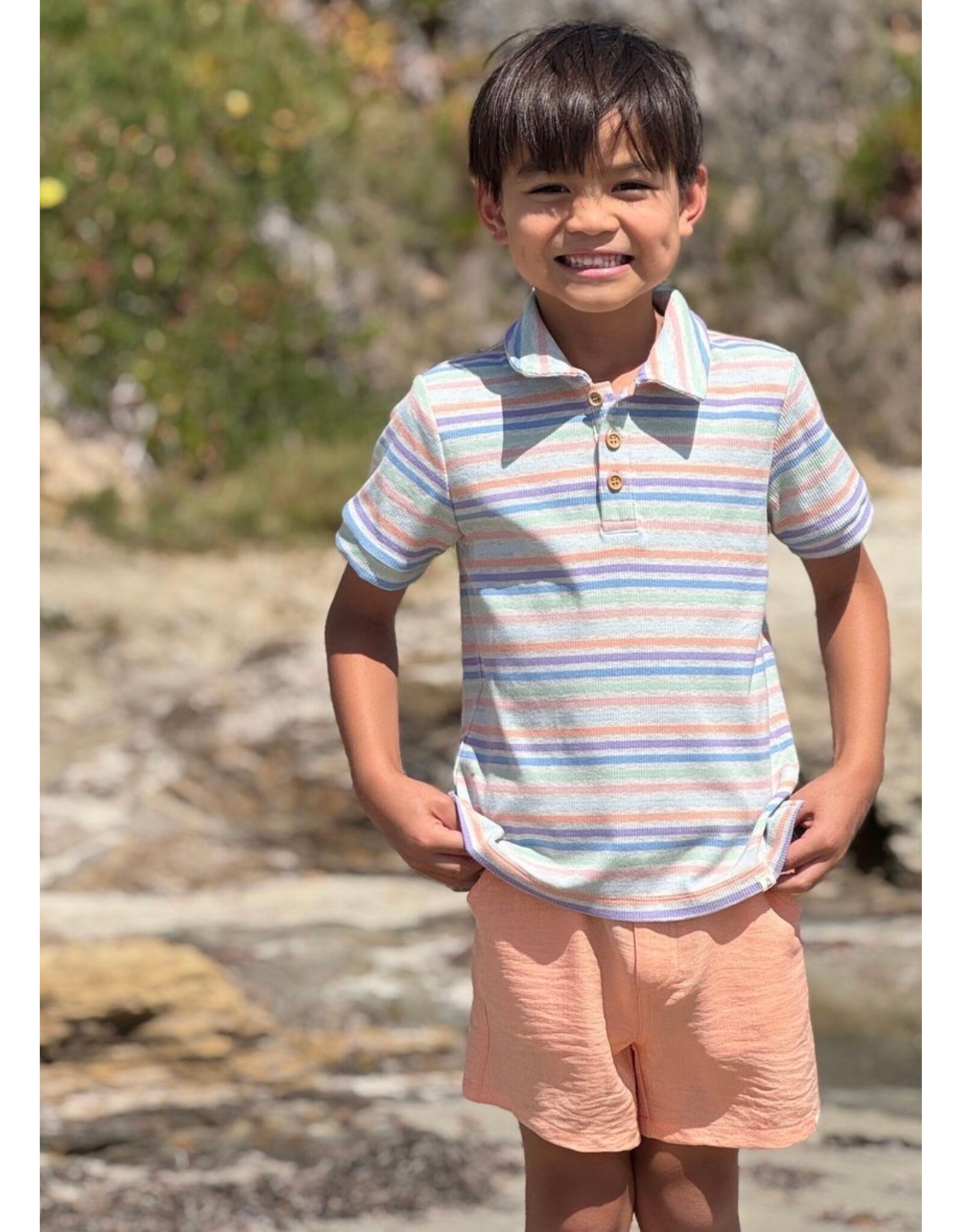 Me & Henry Me & Henry- Shipping Peach Multi Stripe Polo