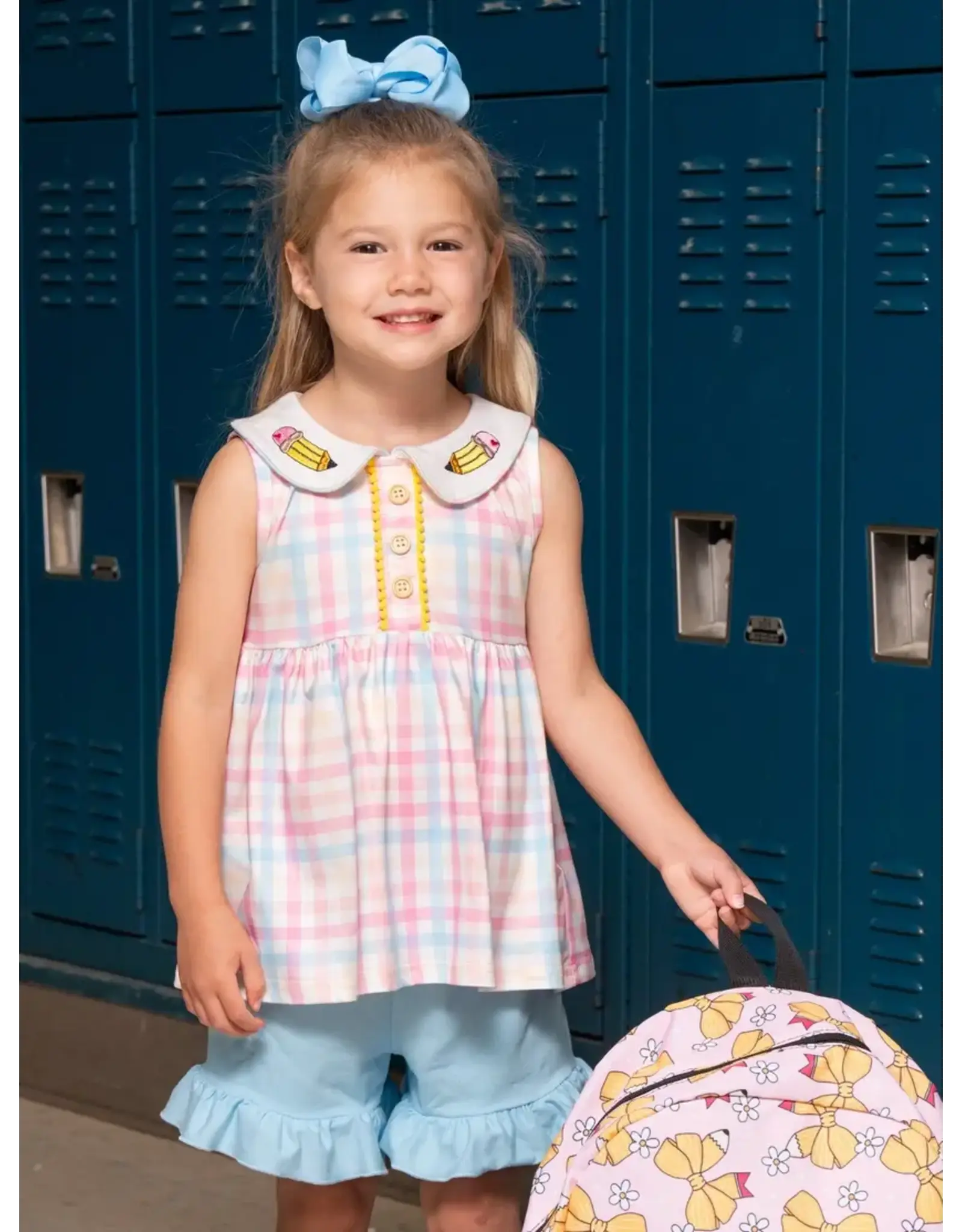 Pastel Pencils Embroidered Plaid Ruffle Set