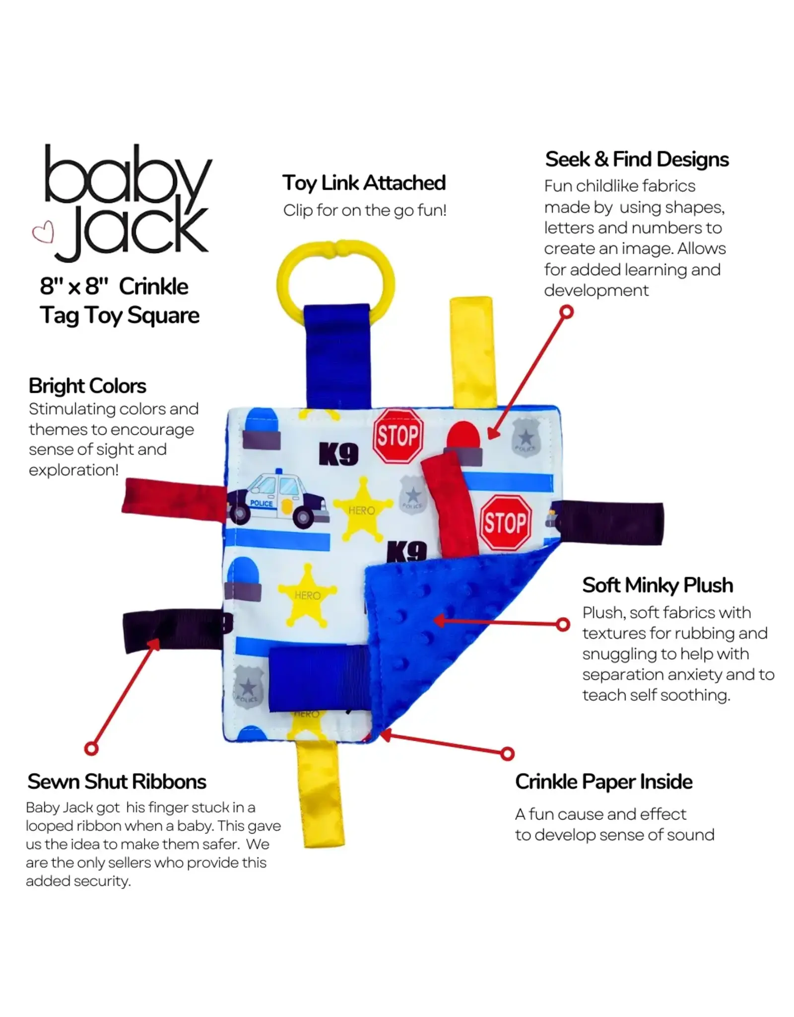 Baby Jack & Company Baby Jack & Co.- Police Car Crinkle Tag Toy Teether 8’ x 8’