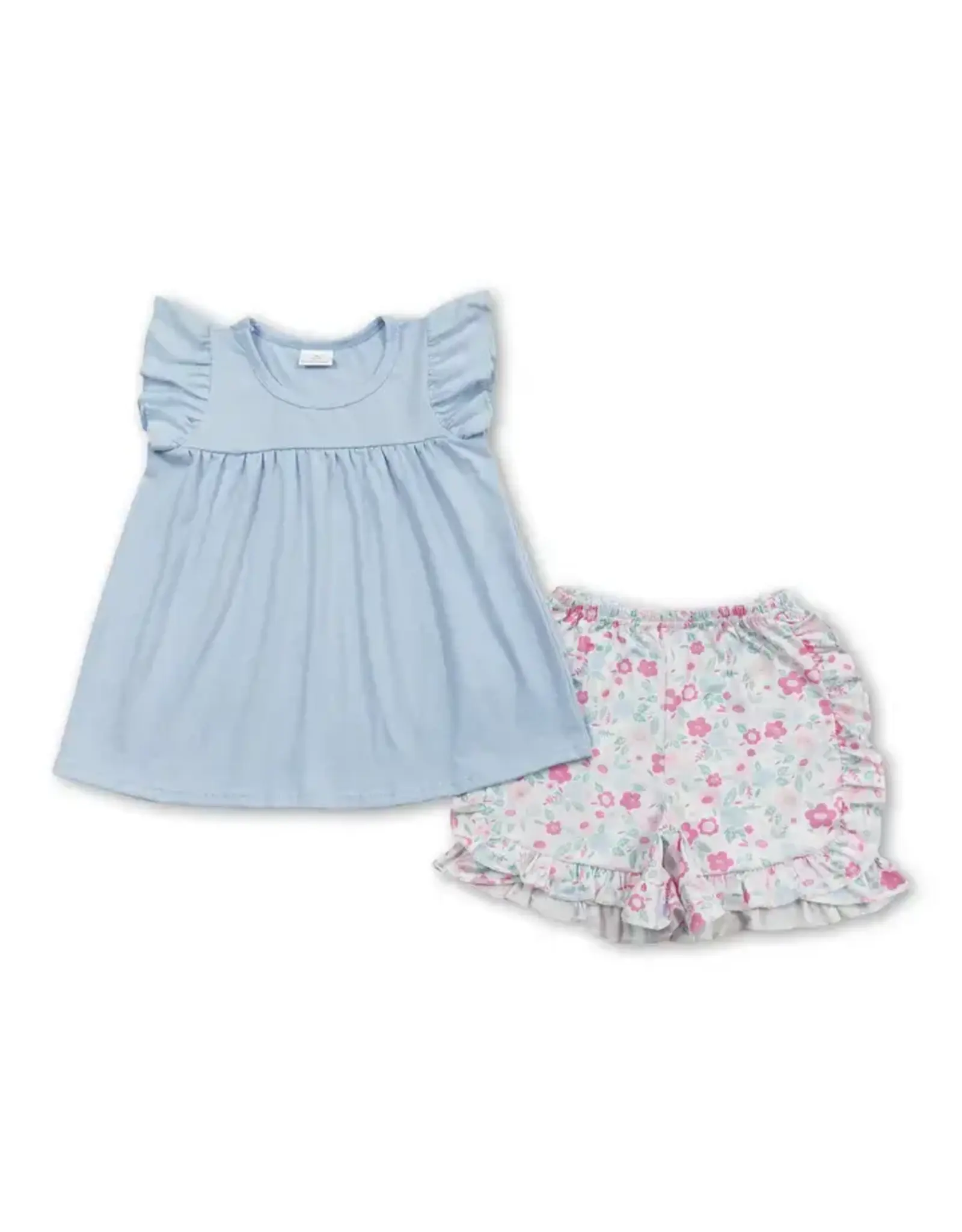 Flutter Sleeve Tunic Floral Ruffle Short Set