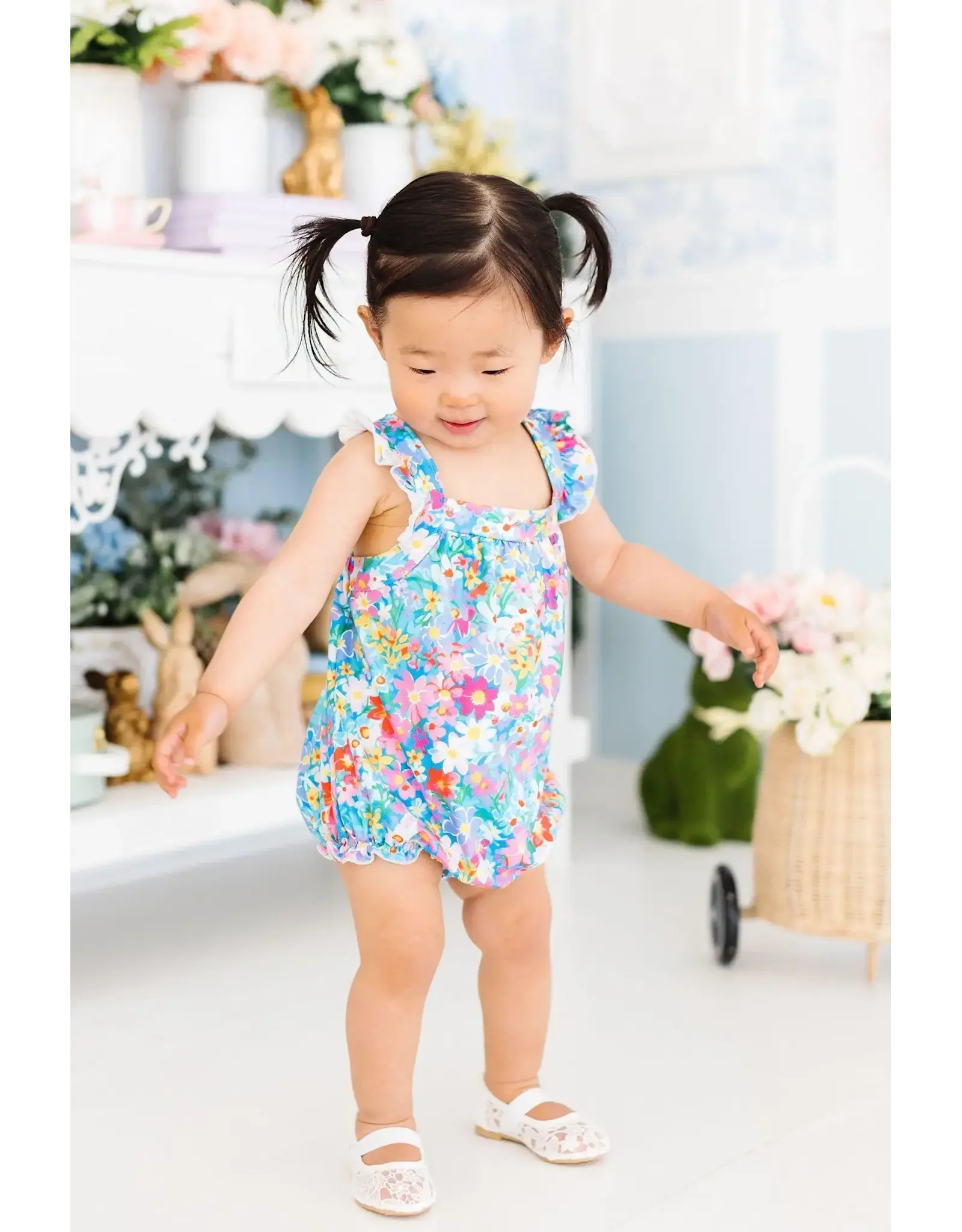 Mila & Rose Mila & Rose- Preppy Floral Ruffle Cross Back Romper