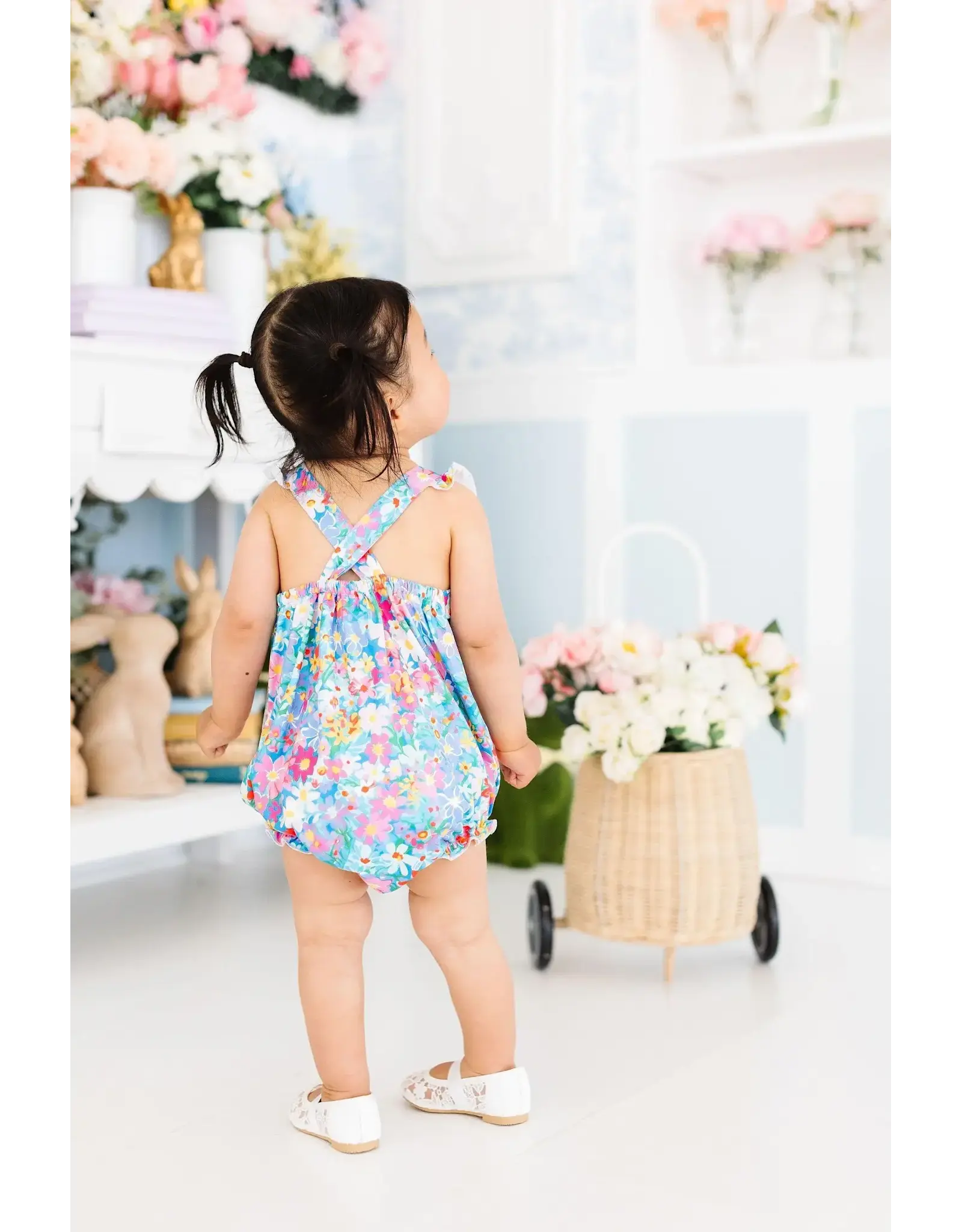 Mila & Rose Mila & Rose- Preppy Floral Ruffle Cross Back Romper
