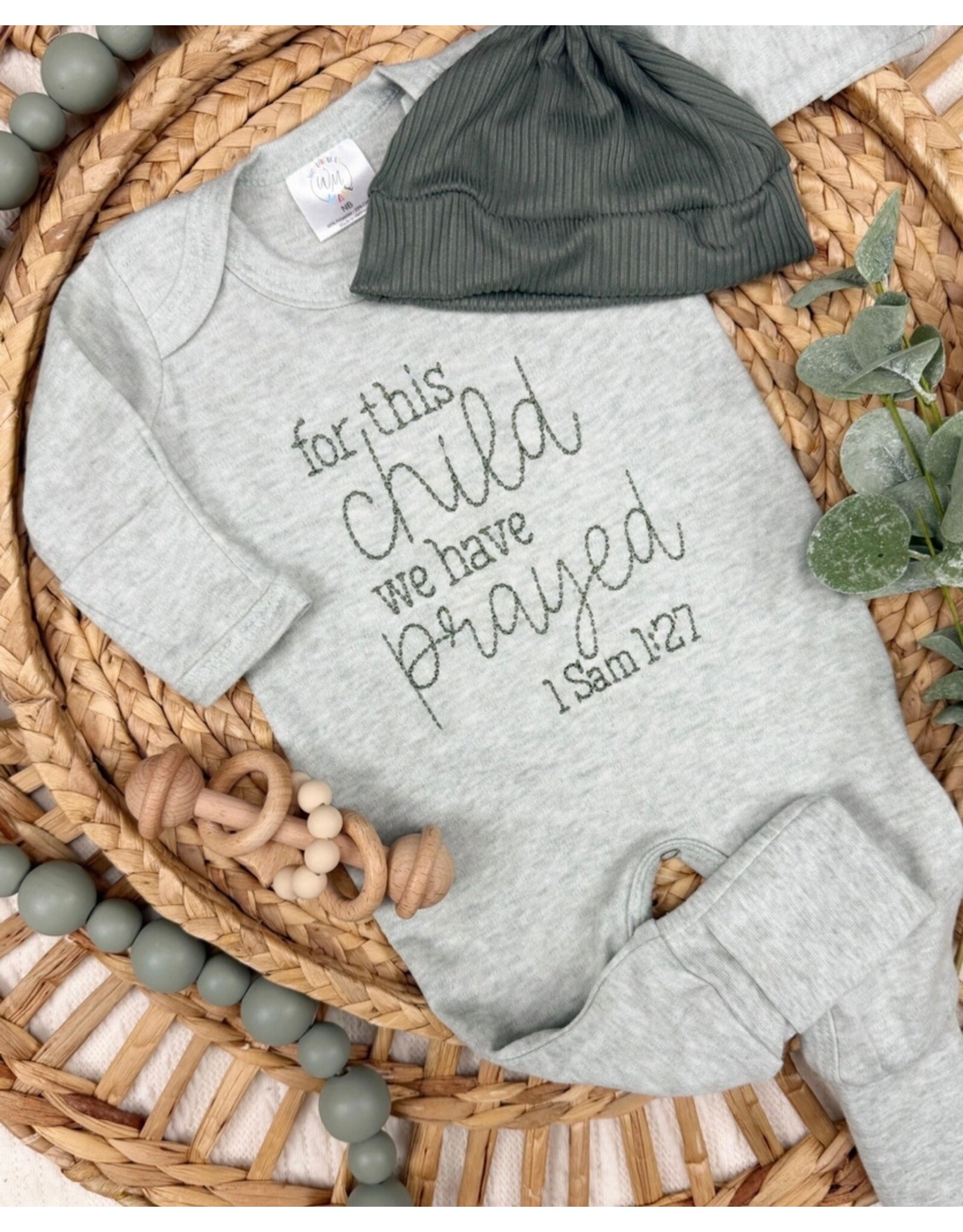 Wonderfully Made Wonderfully Made- ForThis Child We Prayed Green Romper & Hat: NB