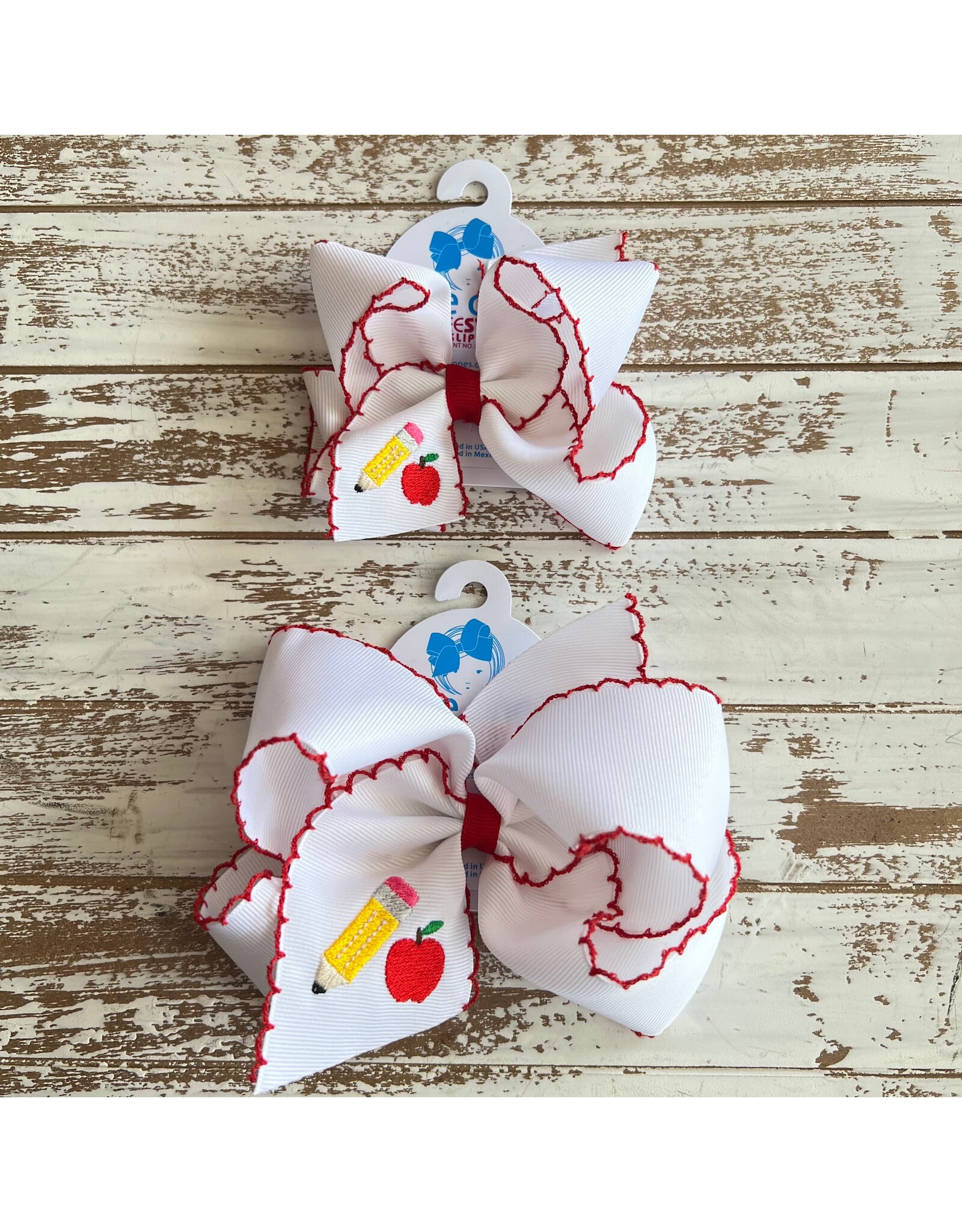 Wee Ones- Pencil/Apple School Embroidered Moonstitch Red Edge Bow