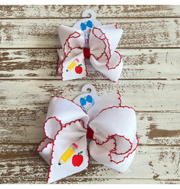 Wee Ones- Pencil/Apple School Embroidered Moonstitch Red Edge Bow