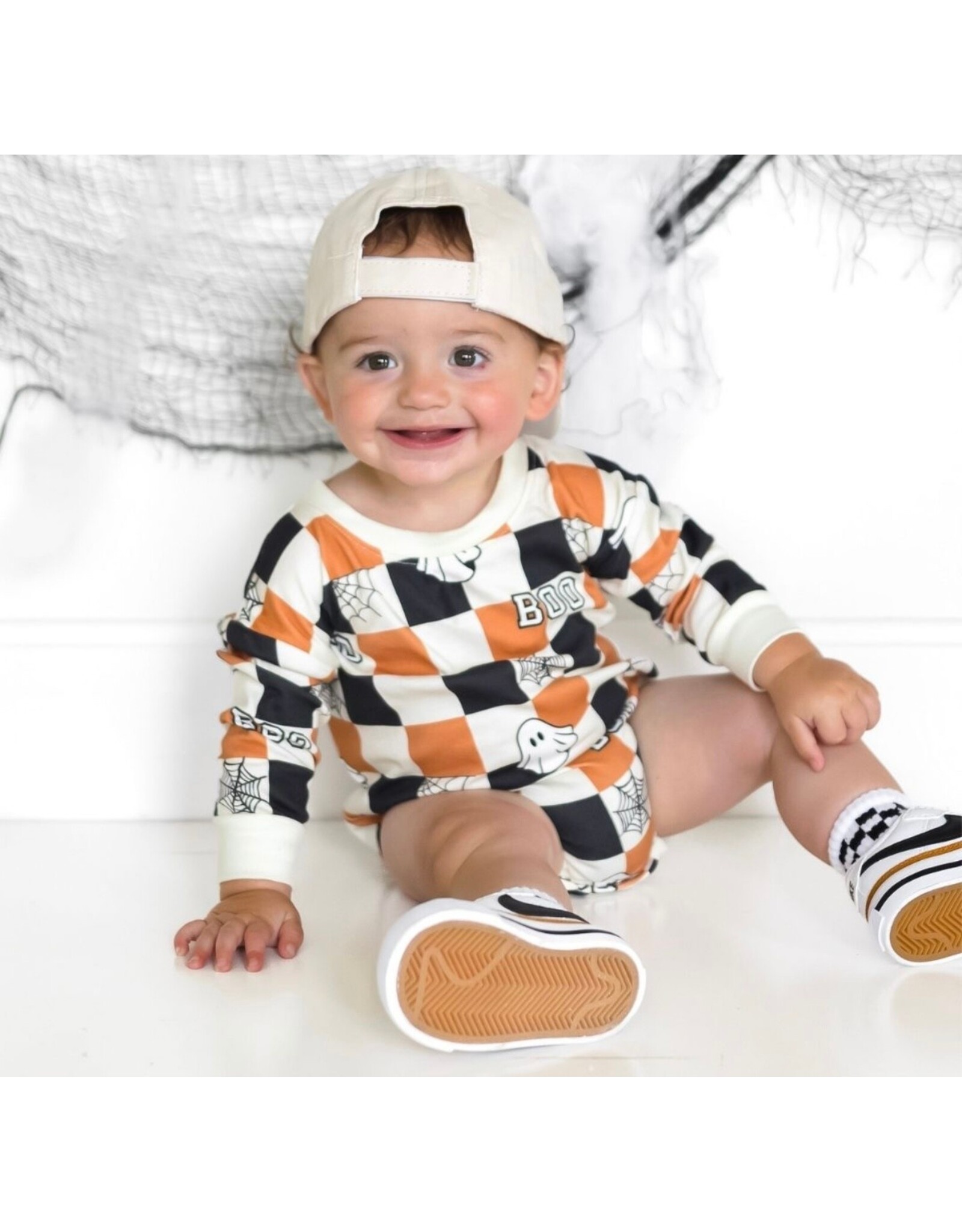 Sweet Wink Sweet Wink- Boo Checkered L/S Natural Romper