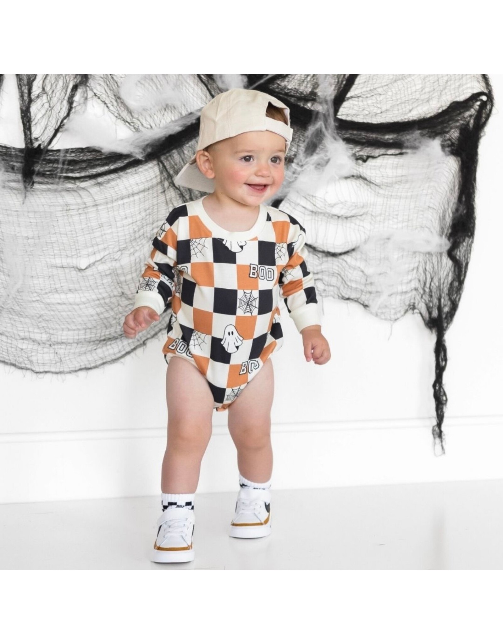 Sweet Wink Sweet Wink- Boo Checkered L/S Natural Romper
