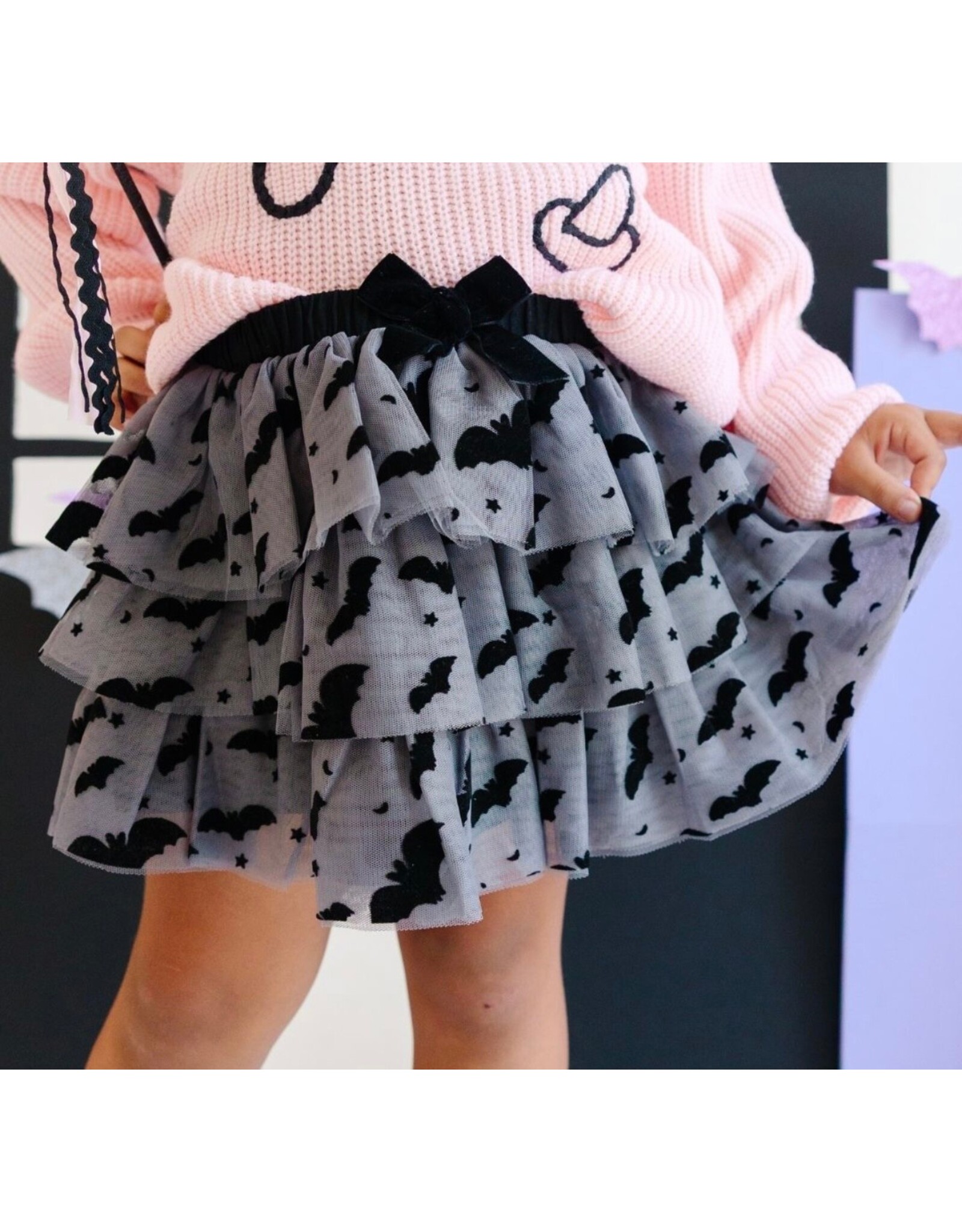 Sweet Wink Sweet Wink- Flocked Bats Halloween Bow Tiered Tutu