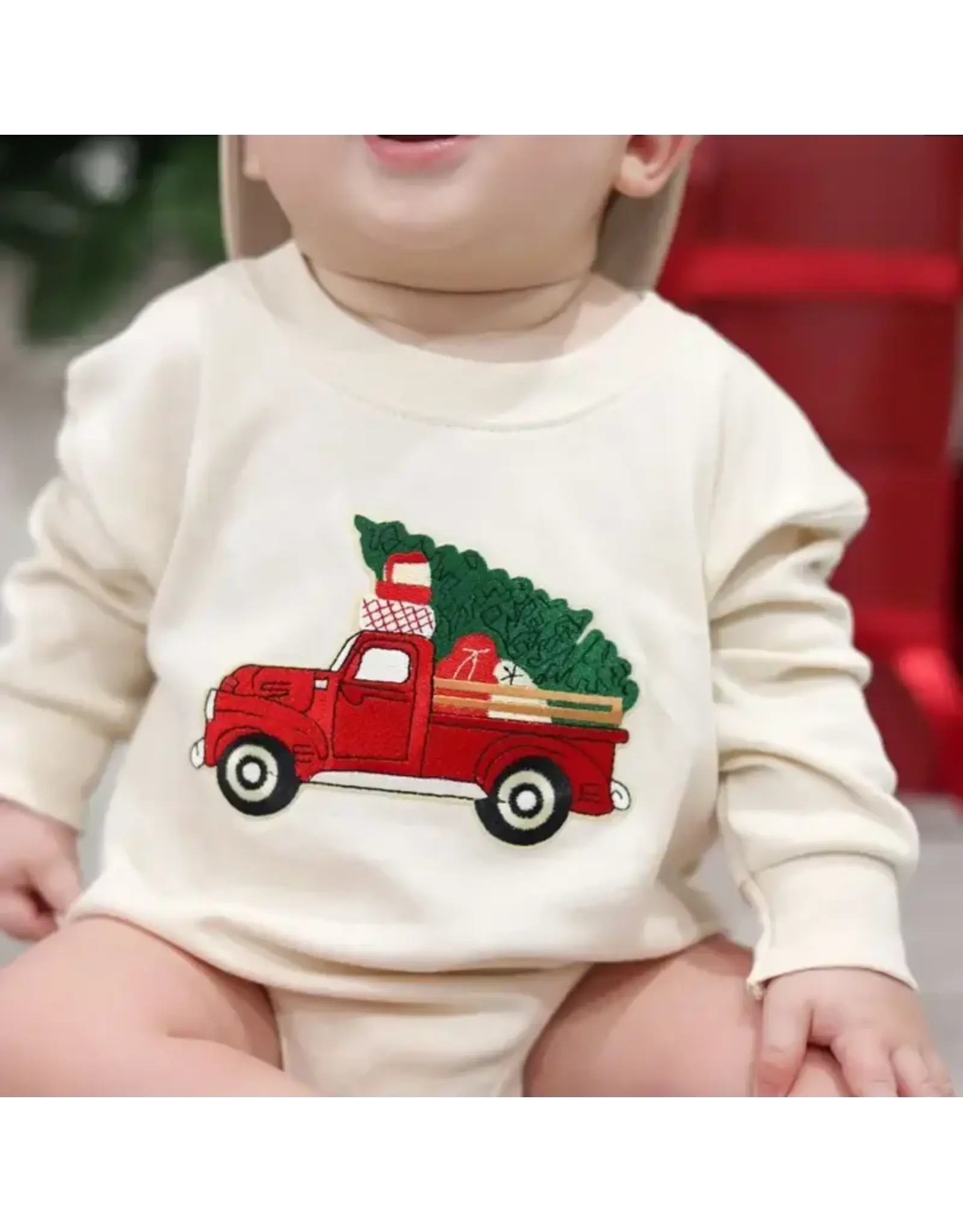 Sweet Wink Sweet Wink- Christmas Truck PatchL/S Romper: Natural