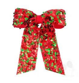Wee Ones- Medium Red & Green Velvet Sequin Layered Bow w/ Tails