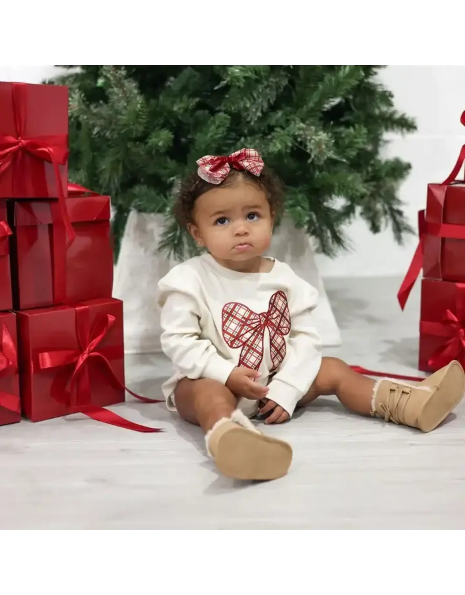 Sweet Wink Sweet Wink- Christmas Plaid Bow Patch L/S Romper