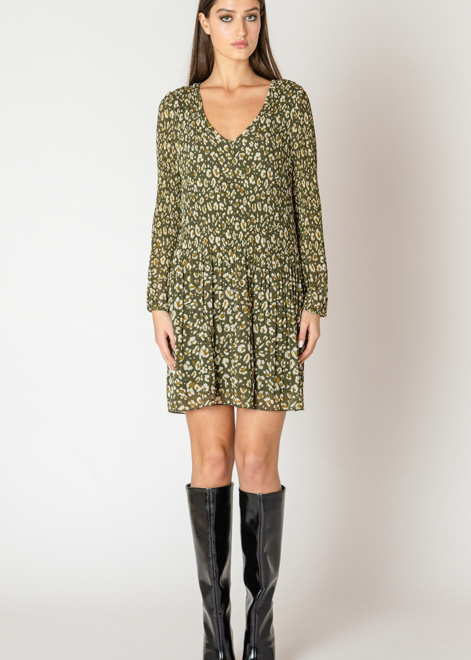 Black Tape Pleated Animal Print Dress