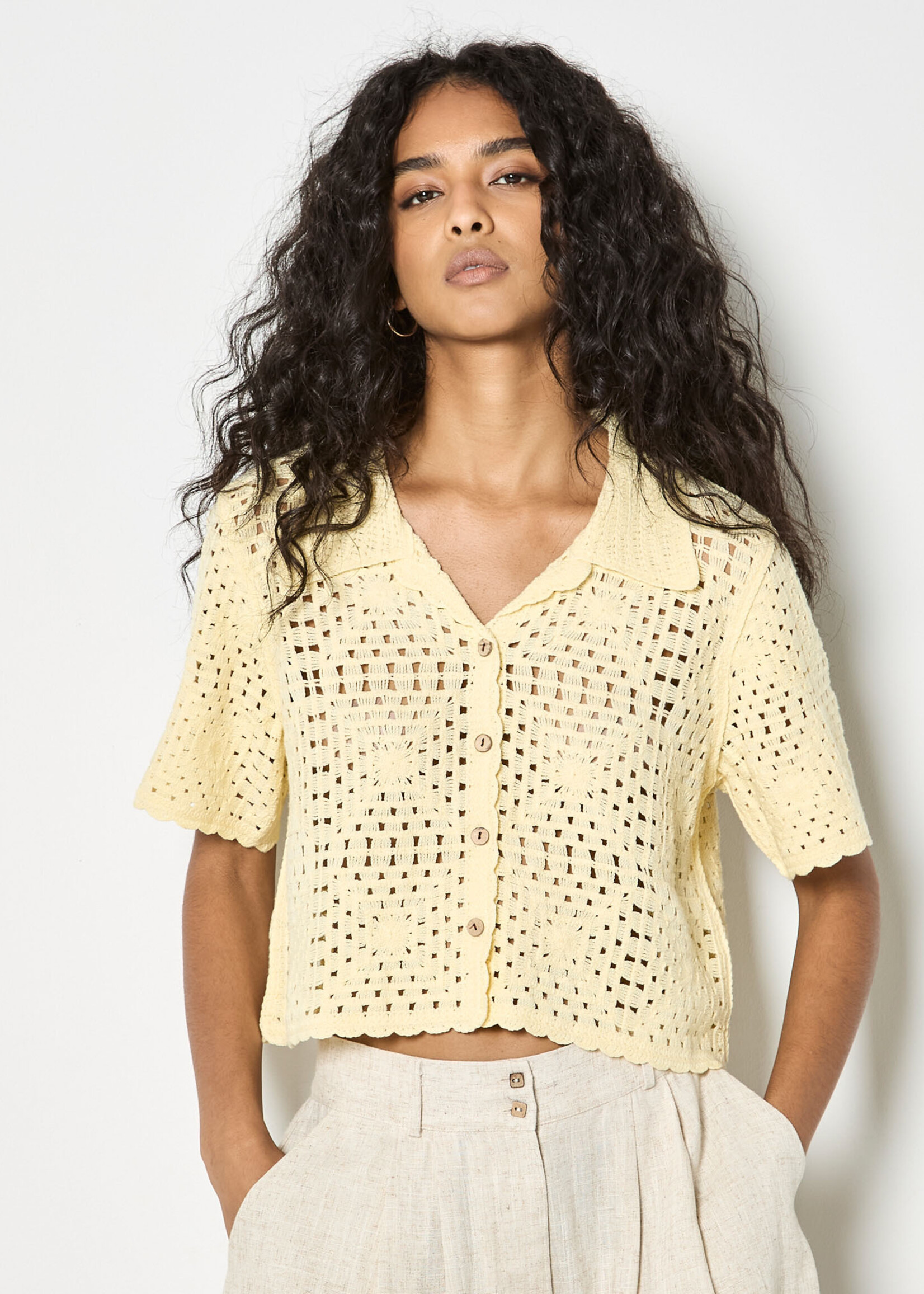 Apricot Sun-Drenched Crochet Button-Down