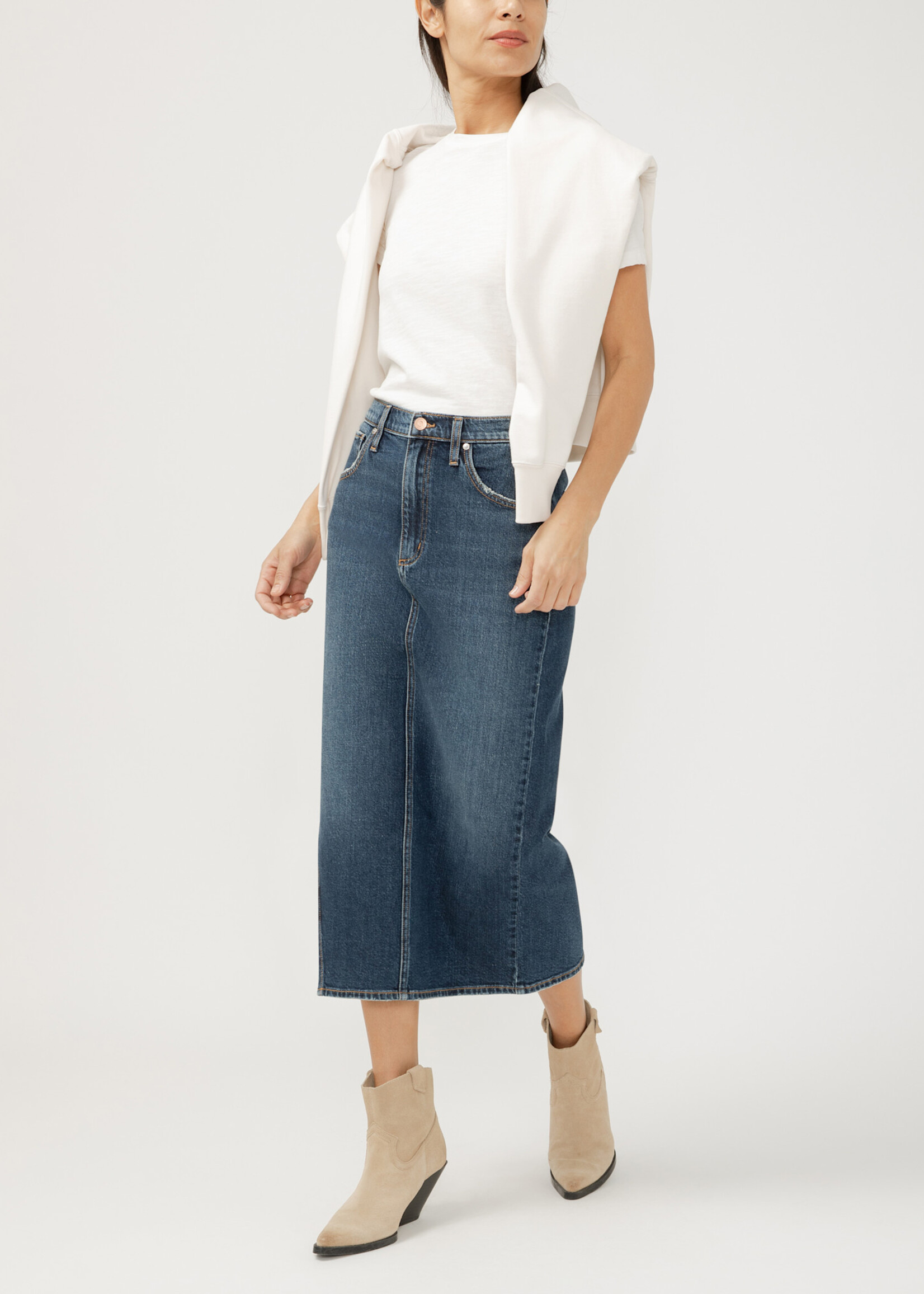 Silver Jeans Midi Denim Skirt Dolly