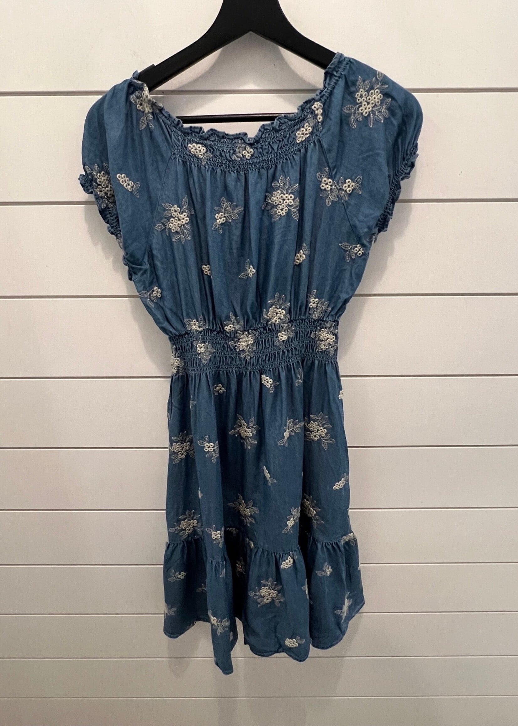Apricot Floral Embroidered Denim Dress