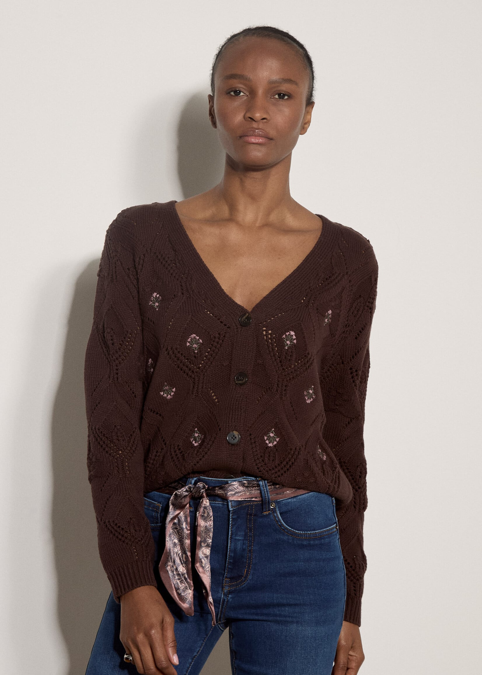 Apricot Embroidery Pointelle Knit Cardi
