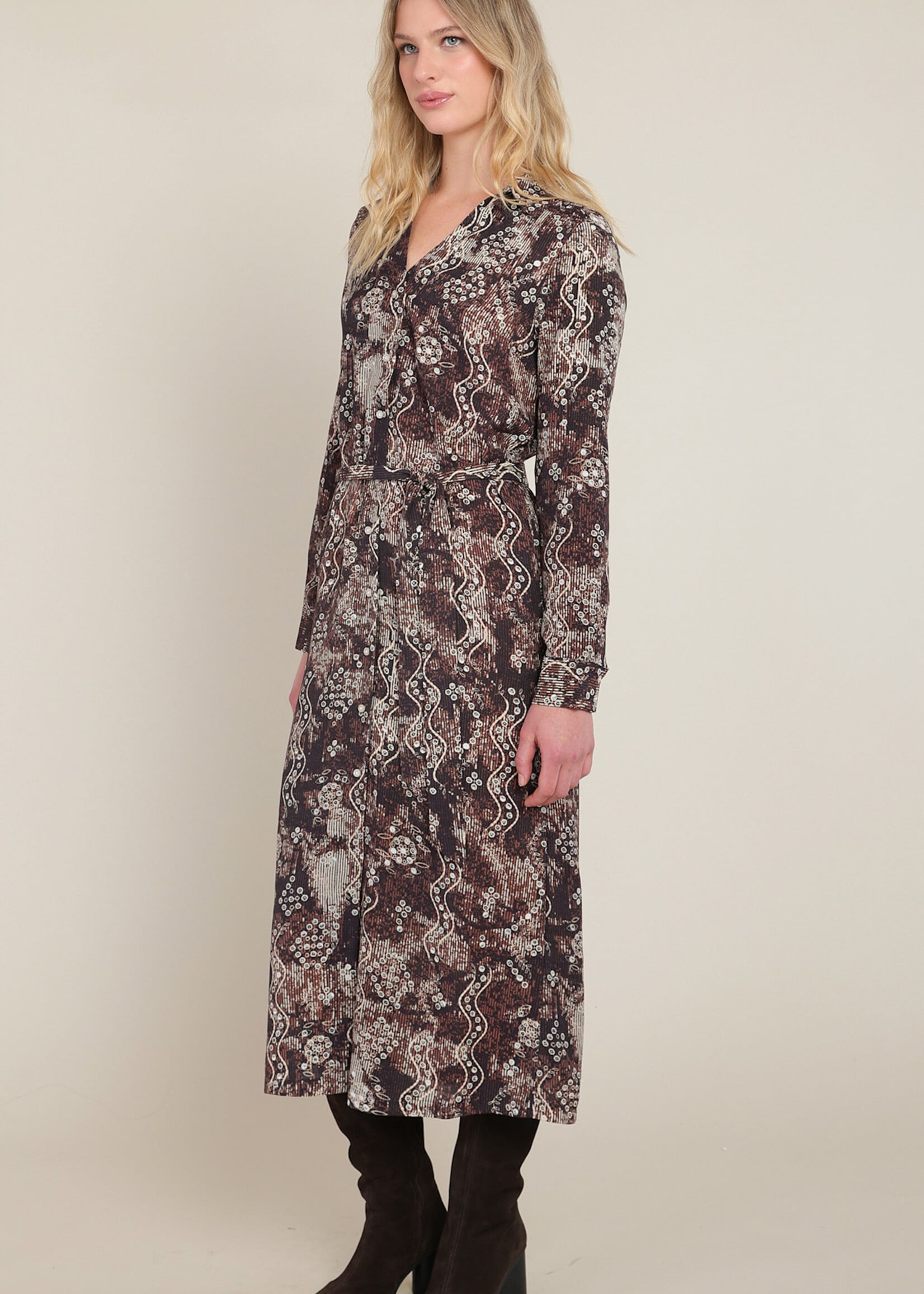 Black Tape Abstract Print Belted Dress