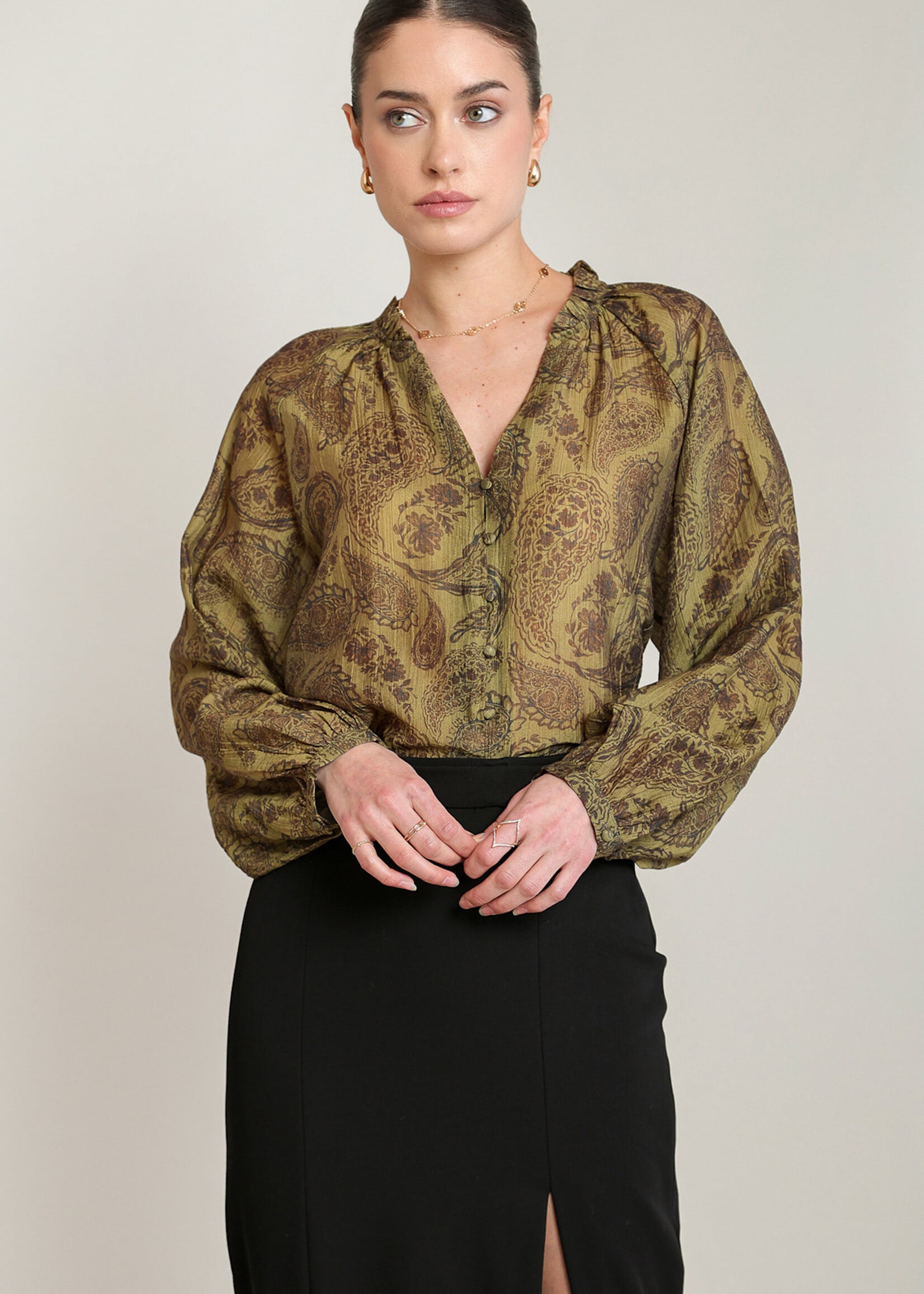 Black Tape Paisley Front Button Blouse