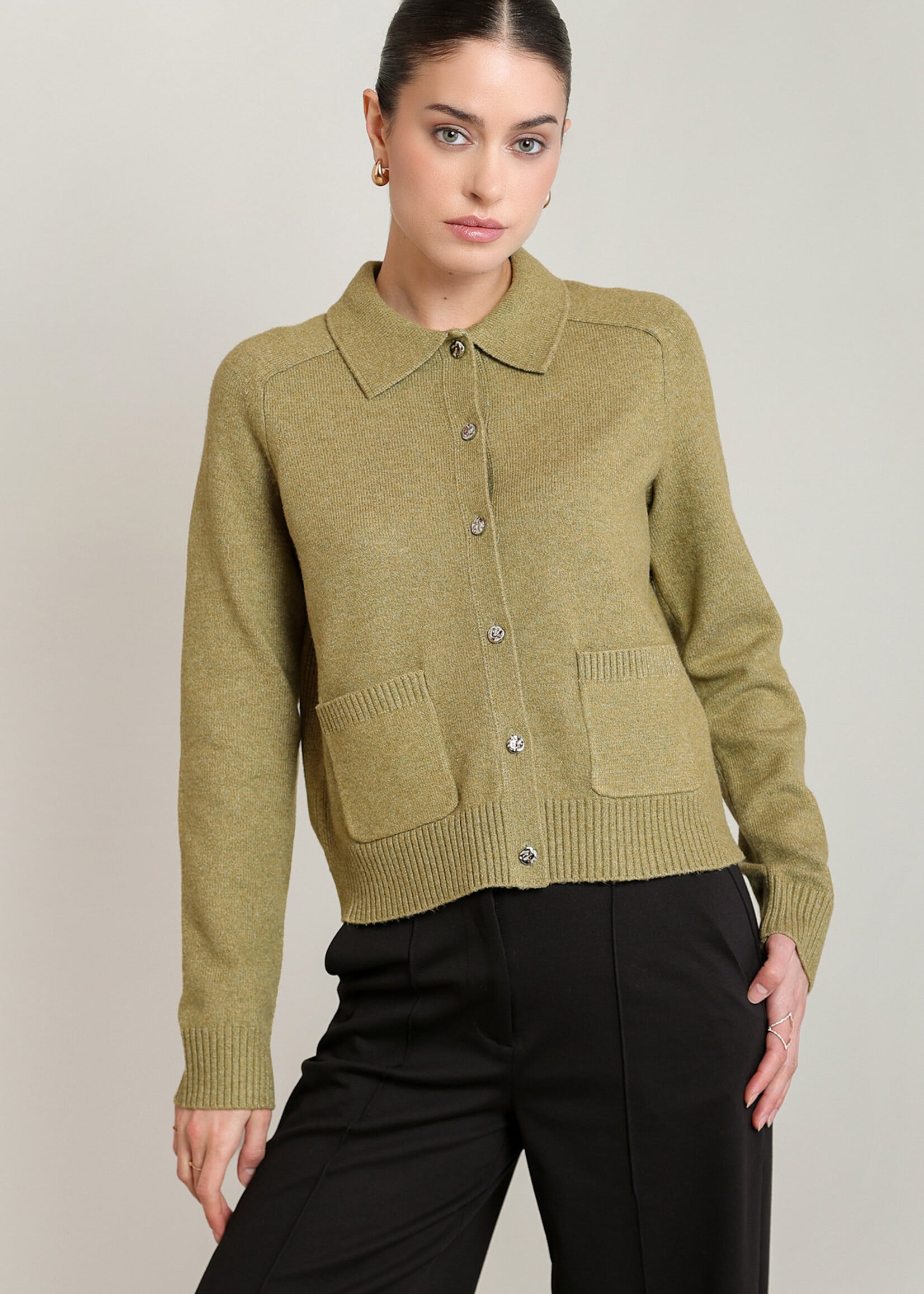 Black Tape Olive Collared Pocket Cardigan
