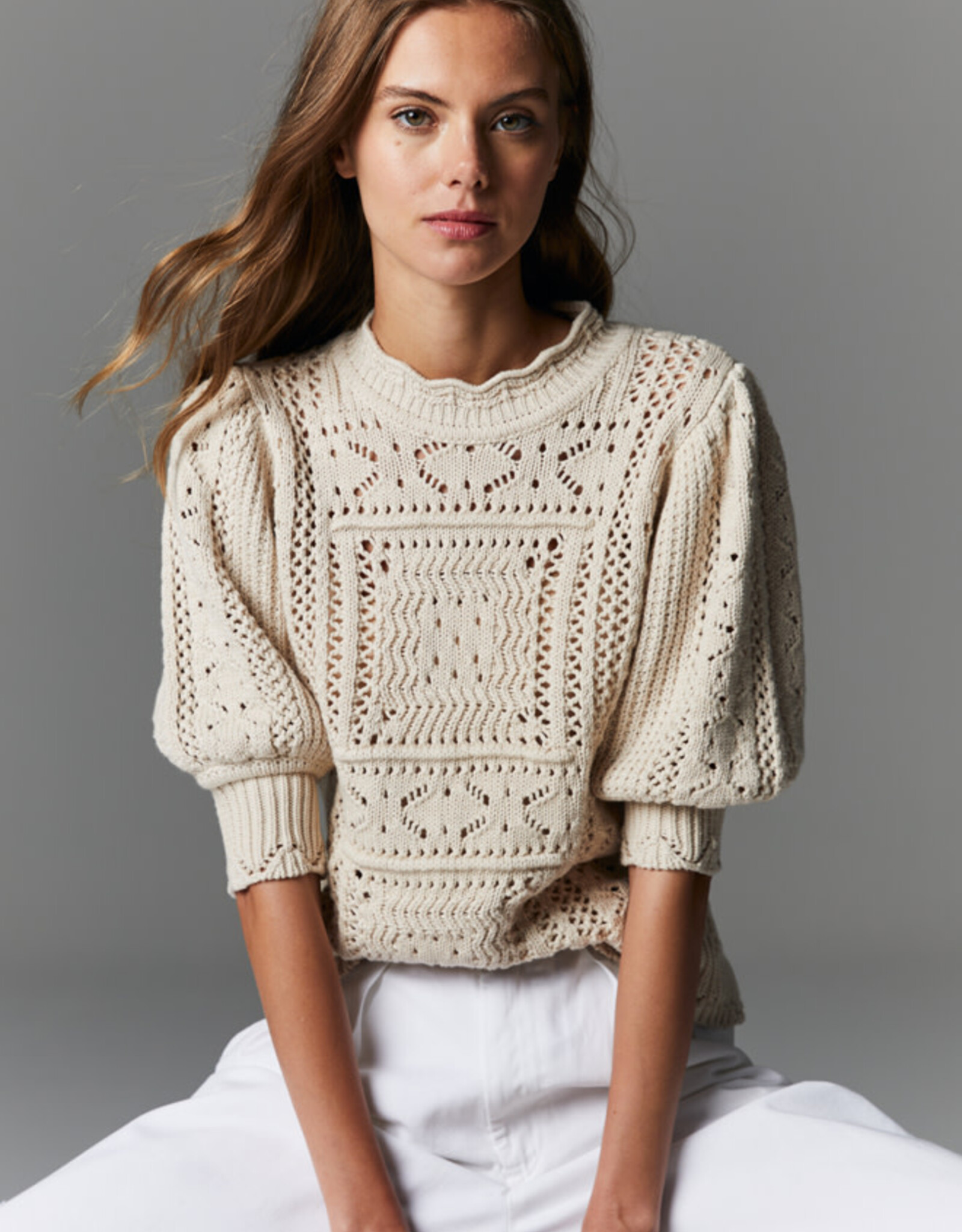 Autumn Cashmere Puff Sleeve Tile Stitch Mock Neck