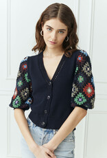 Autumn Cashmere V neck Cardi w/HandCrochet sleeve N13031