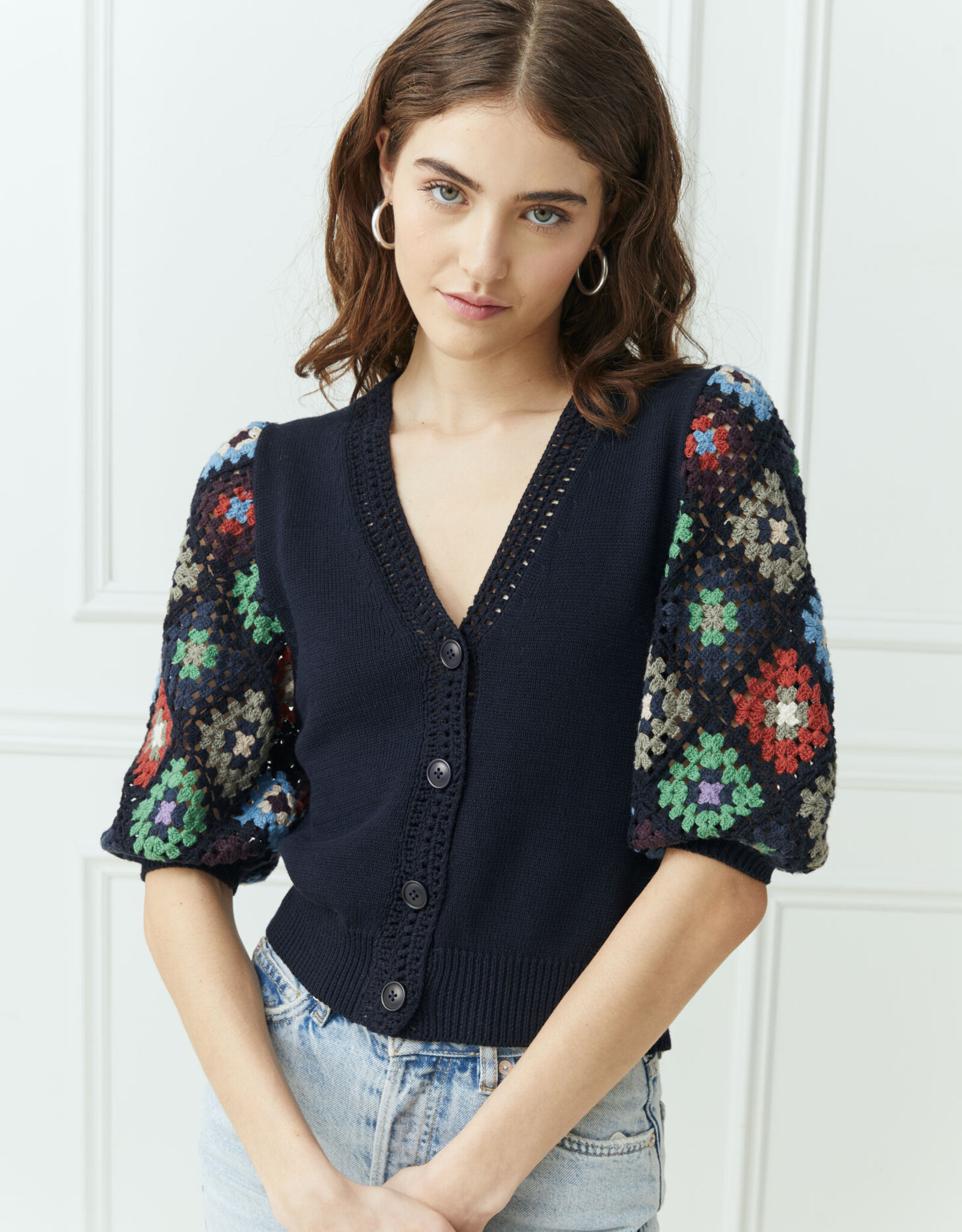 Autumn Cashmere V neck Cardi w/HandCrochet sleeve N13031