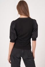 REPEAT CASHMERE Henley Top with Short Puff Sleeves