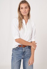 REPEAT CASHMERE Henley Top with Short Puff Sleeves
