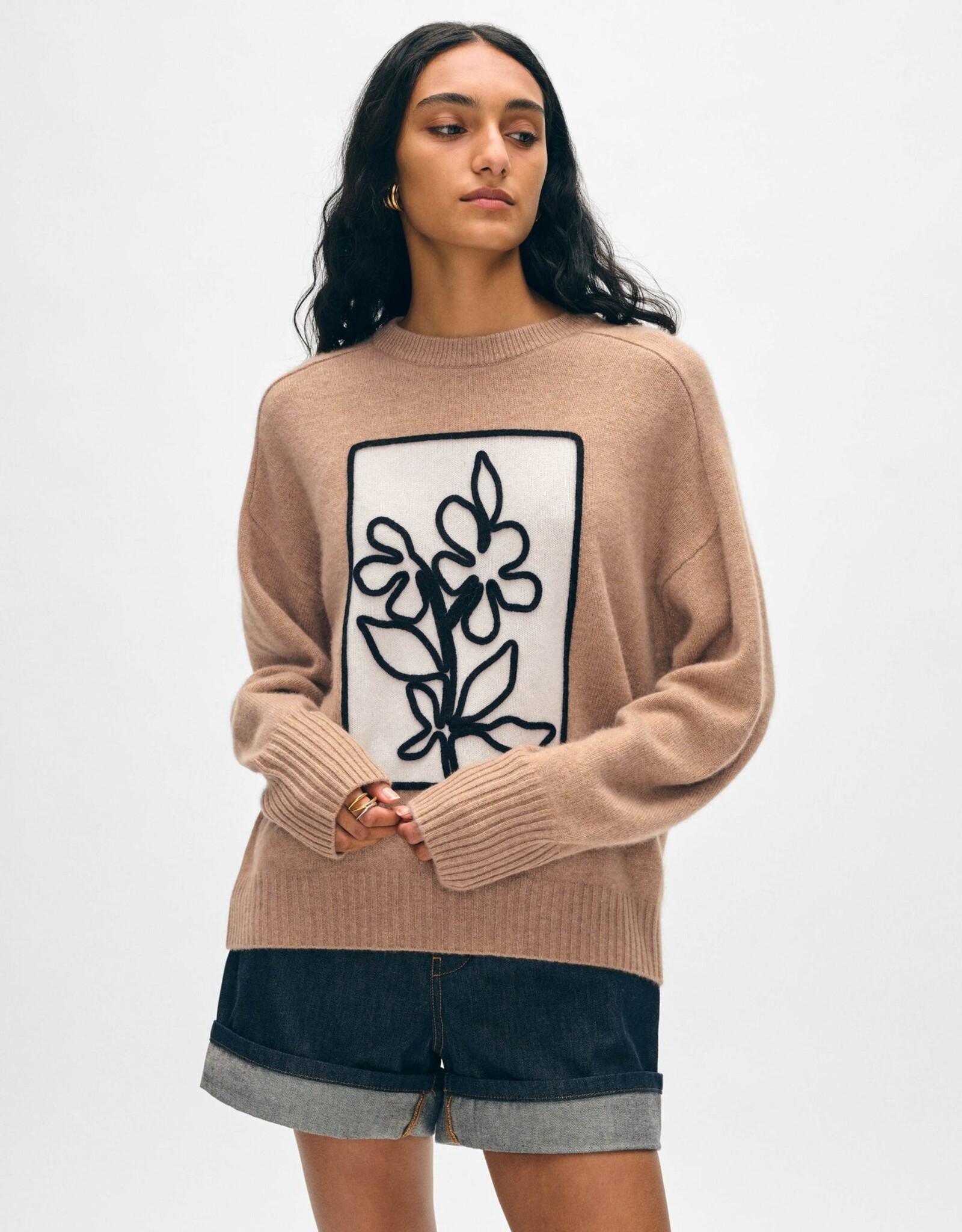 White + Warren Floral Applique Crew 20918