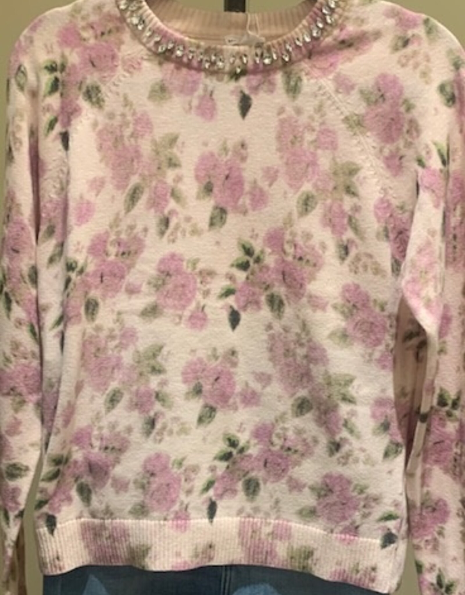 MINNIE ROSE Cotton Cash Printed Crew w/jewels