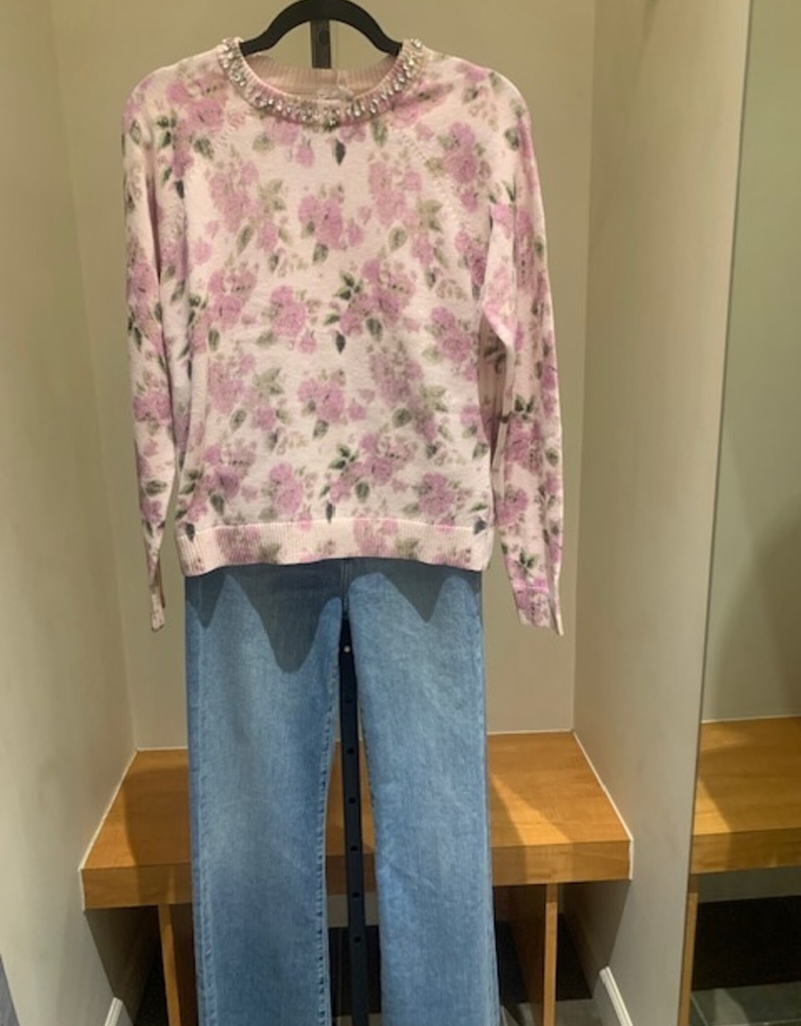 MINNIE ROSE Cotton Cash Printed Crew w/jewels