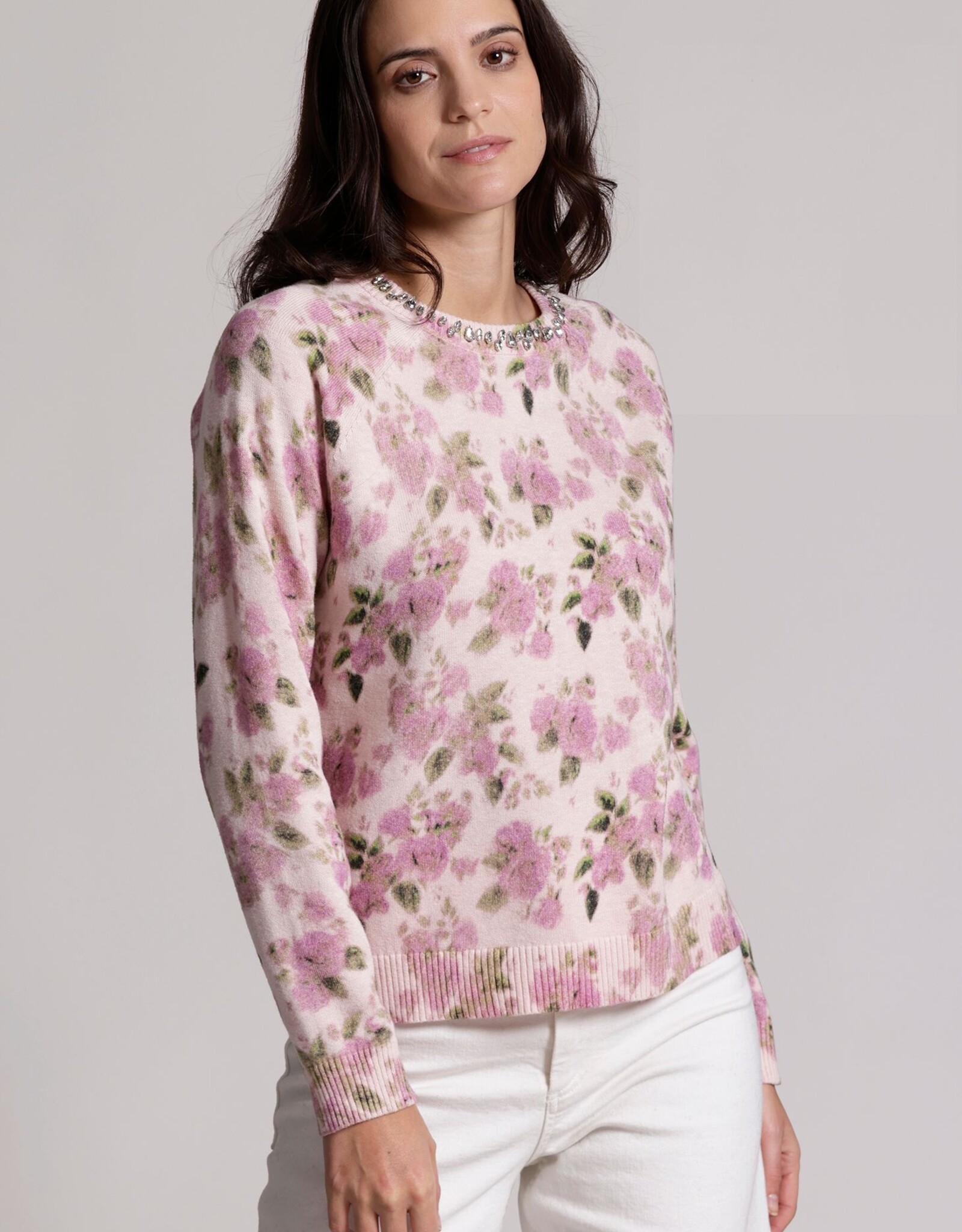 MINNIE ROSE Cotton Cash Printed Crew w/jewels