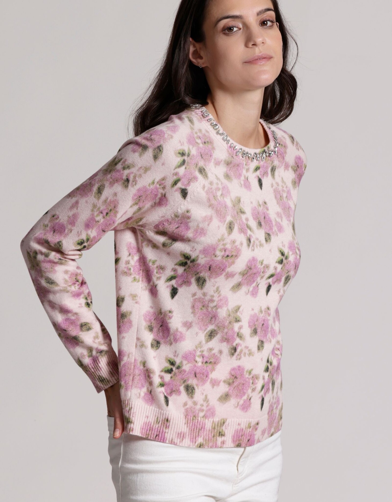 MINNIE ROSE Cotton Cash Printed Crew w/jewels