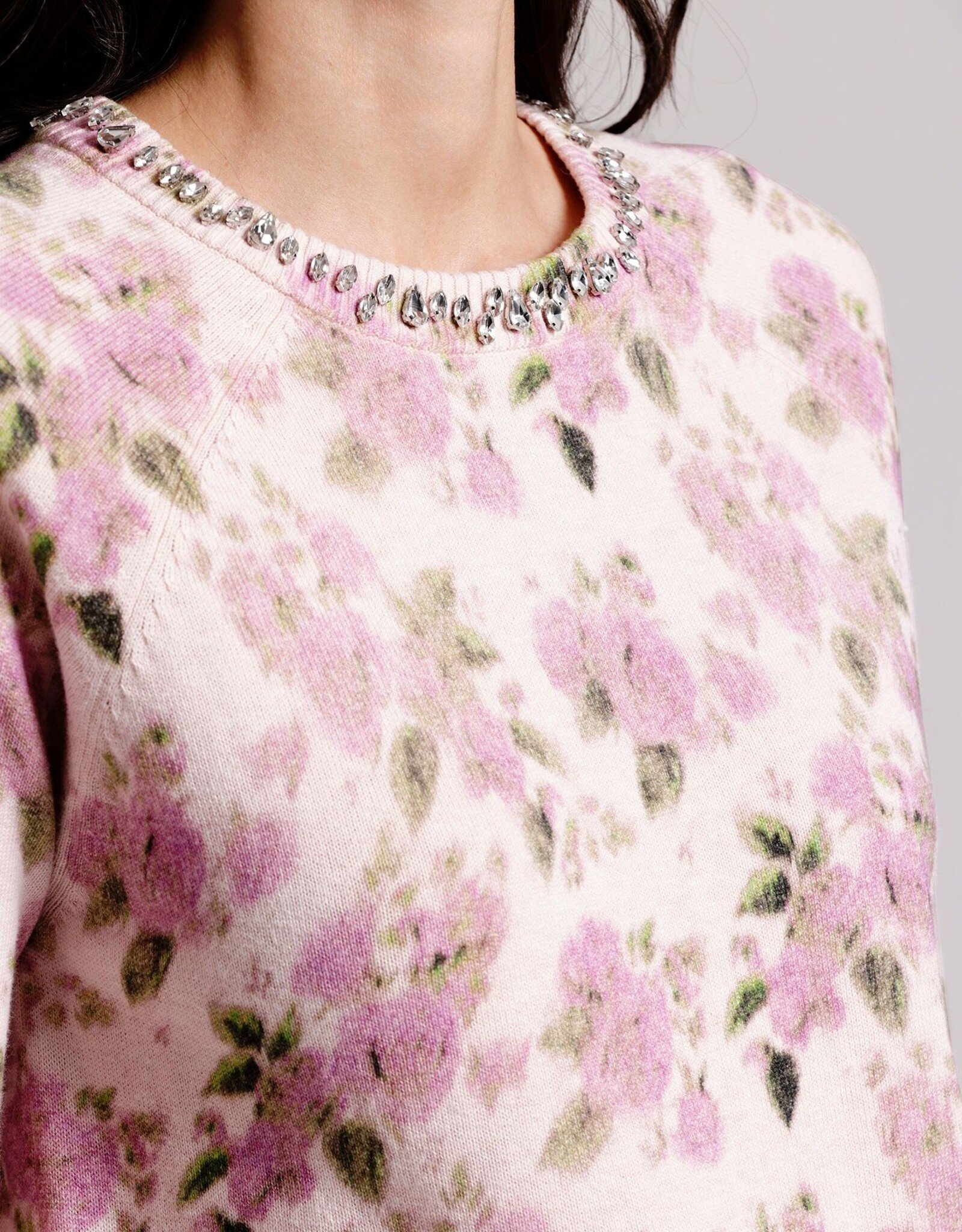 MINNIE ROSE Cotton Cash Printed Crew w/jewels
