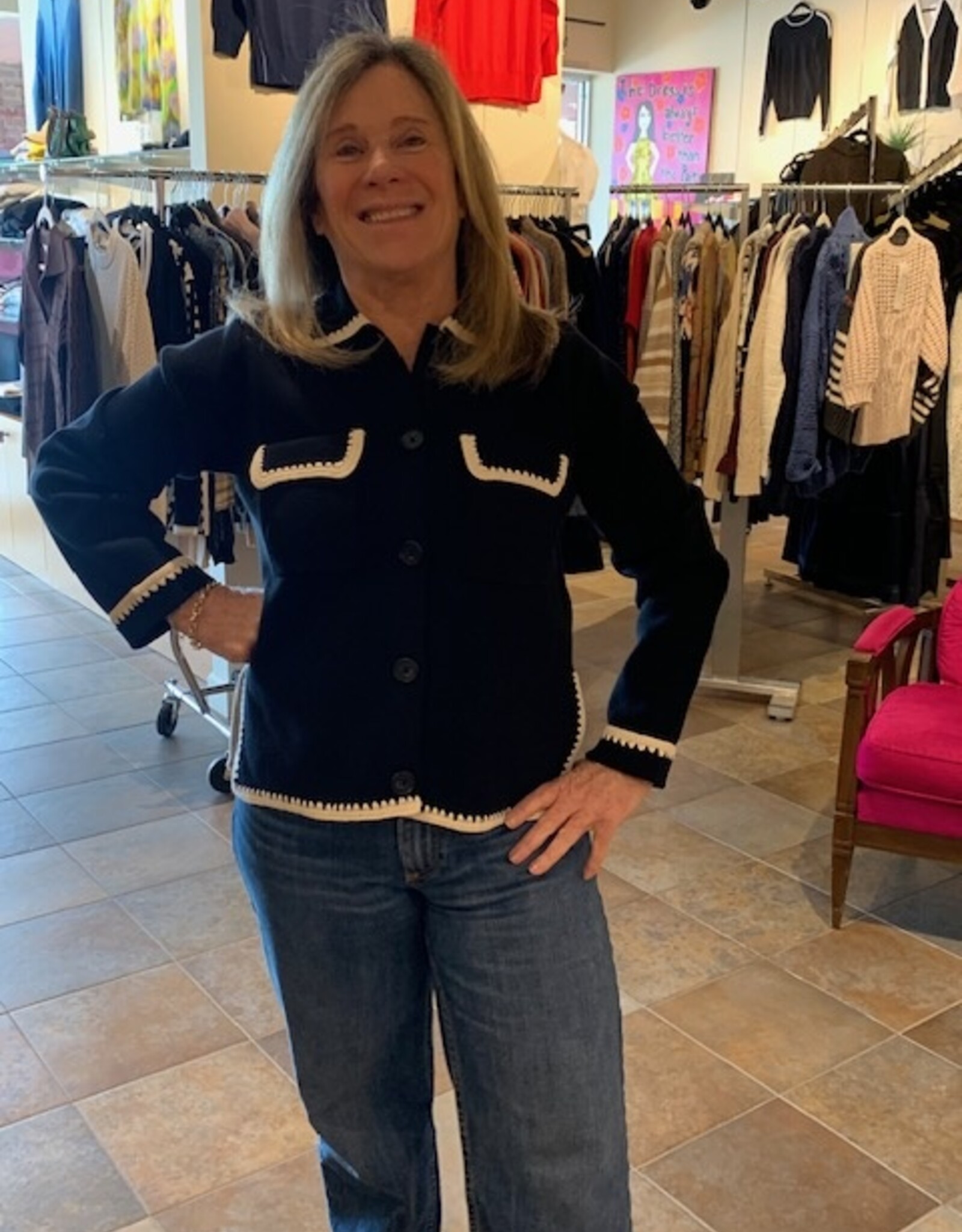 REPEAT CASHMERE Cotton Cardi w Crochet Trim