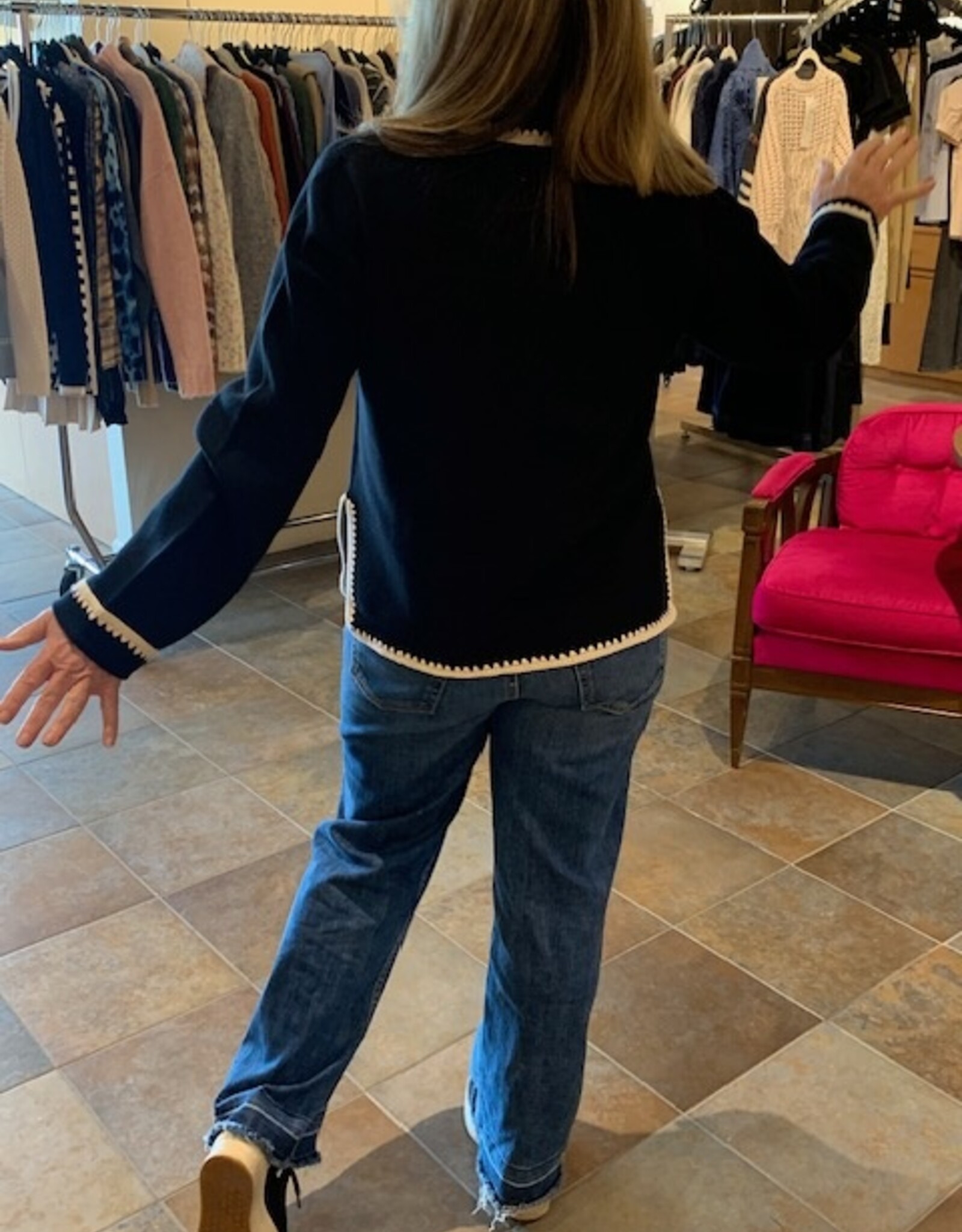 REPEAT CASHMERE Cotton Cardi w Crochet Trim