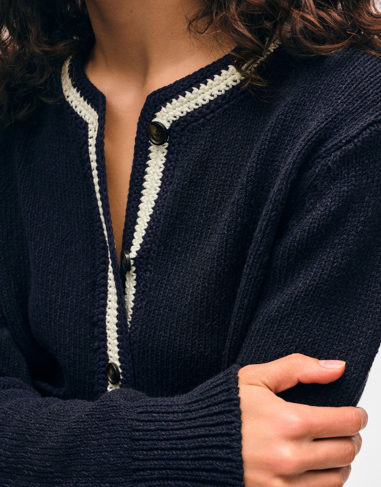 White + Warren Lofty Cotton Crochet Cardigan
