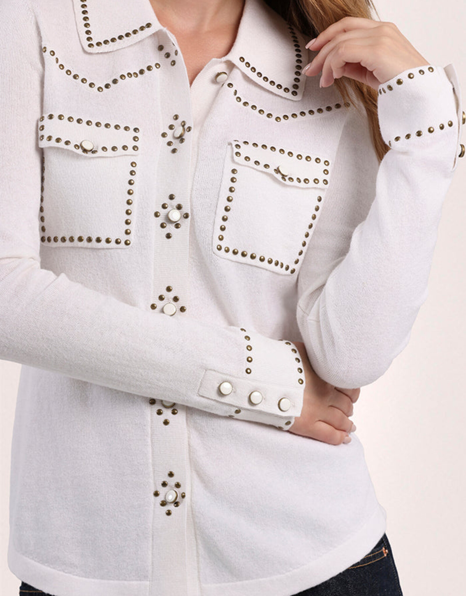 MINNIE ROSE 9438 Cotton Cashmere Hot Fix Button Shirt