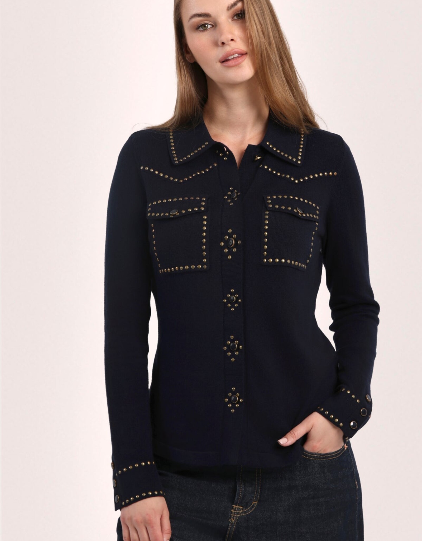 MINNIE ROSE 9438 Cotton Cashmere Hot Fix Button Shirt