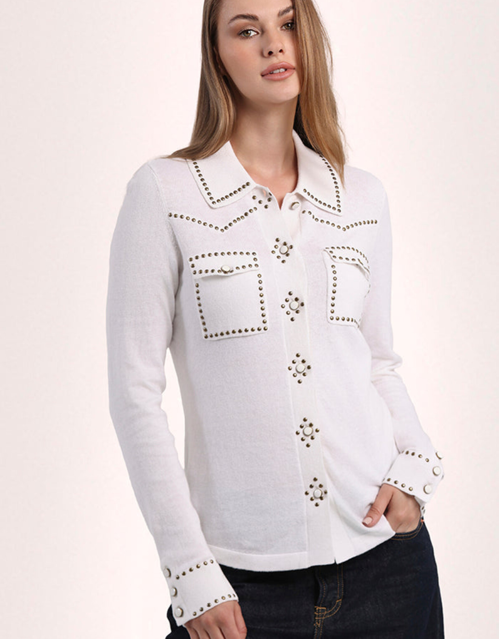 MINNIE ROSE 9438 Cotton Cashmere Hot Fix Button Shirt